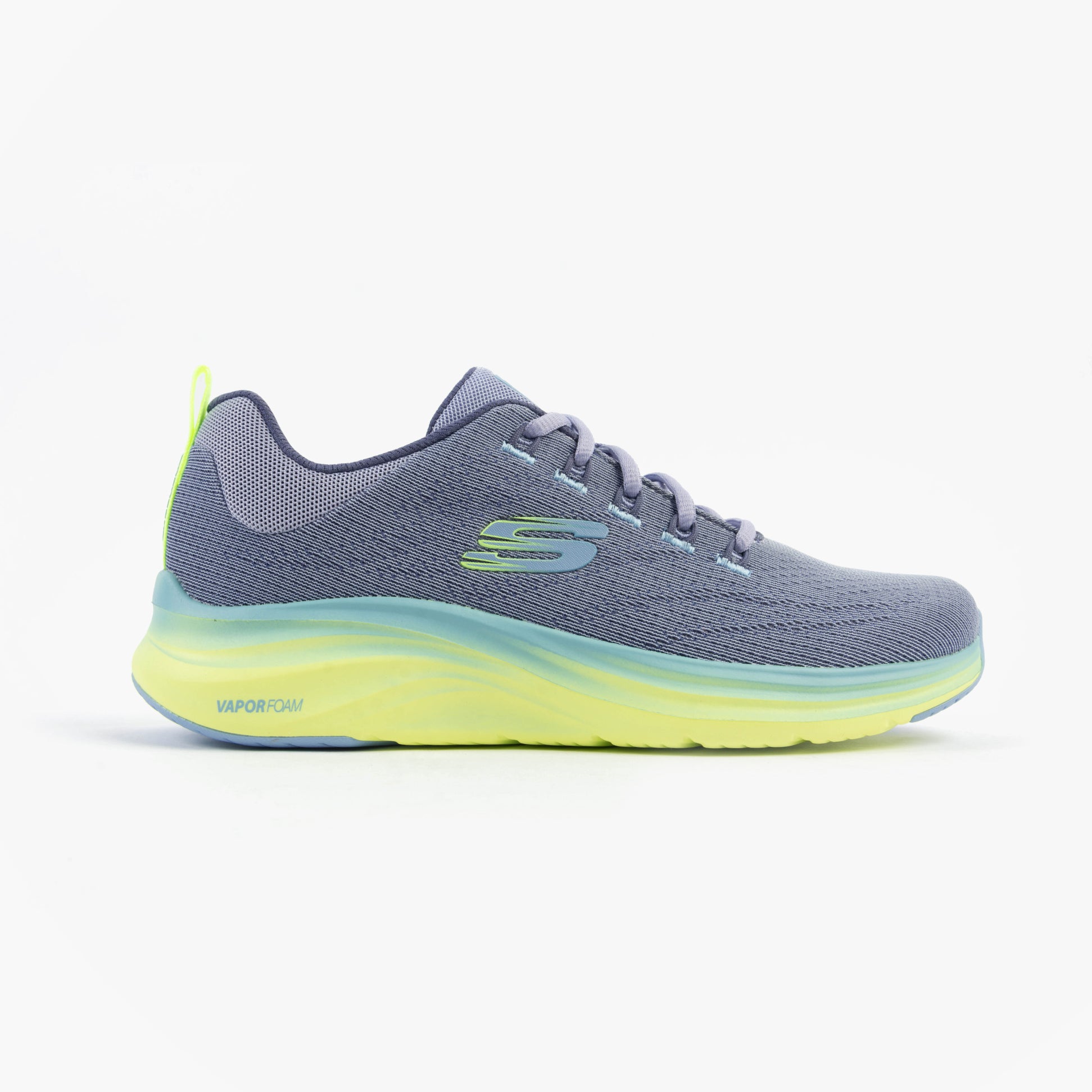 Skechers 150401/PRMT VAPOR FOAM-SUMMER JOURNEY Womens Trainers Purple/Multi side view showcasing mesh upper and rubber sole.