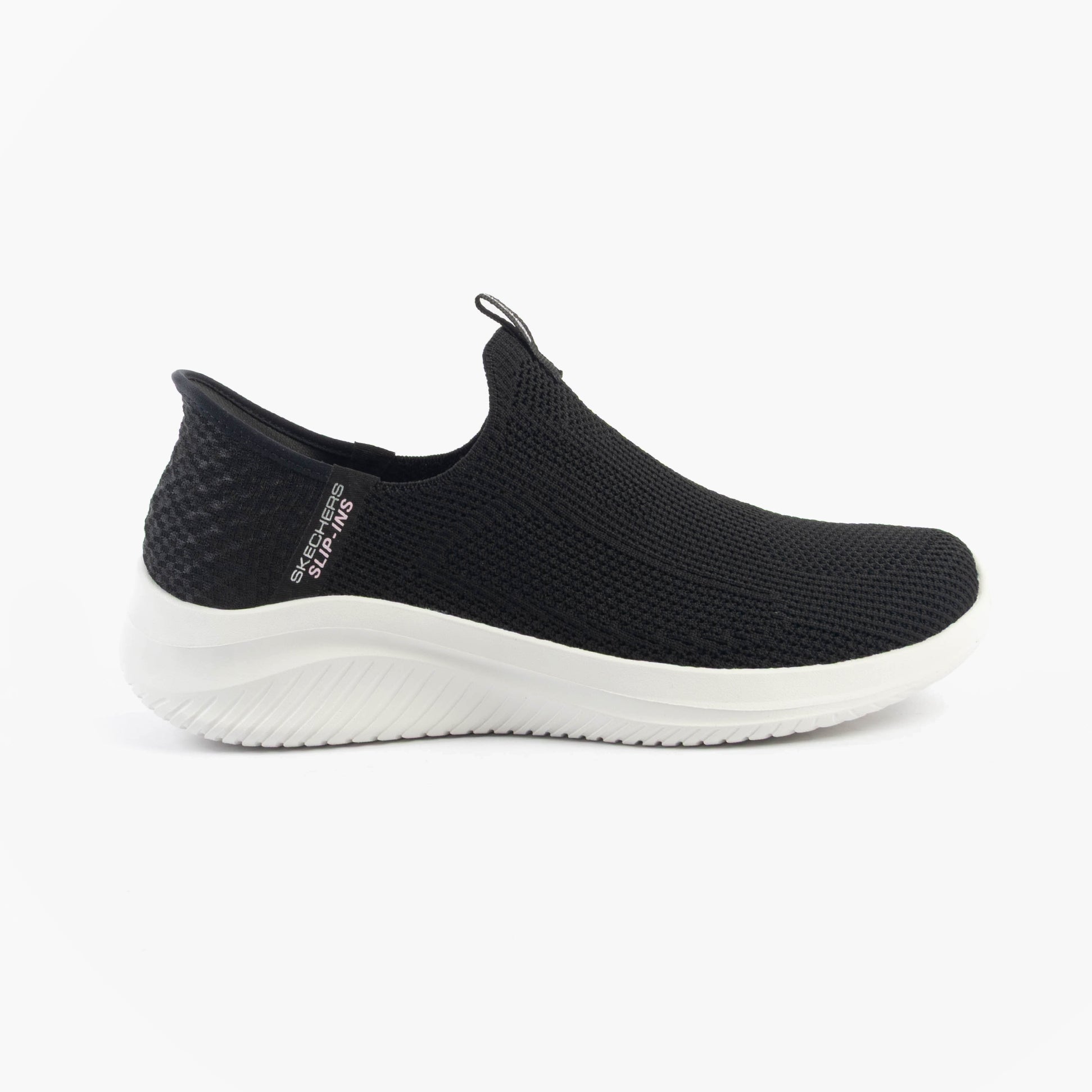 Skechers 150450/BLK ULTRA FLEX 3.0-EASY WIN Womens Trainers Black side view, casual textile upper, easy slip-on design.