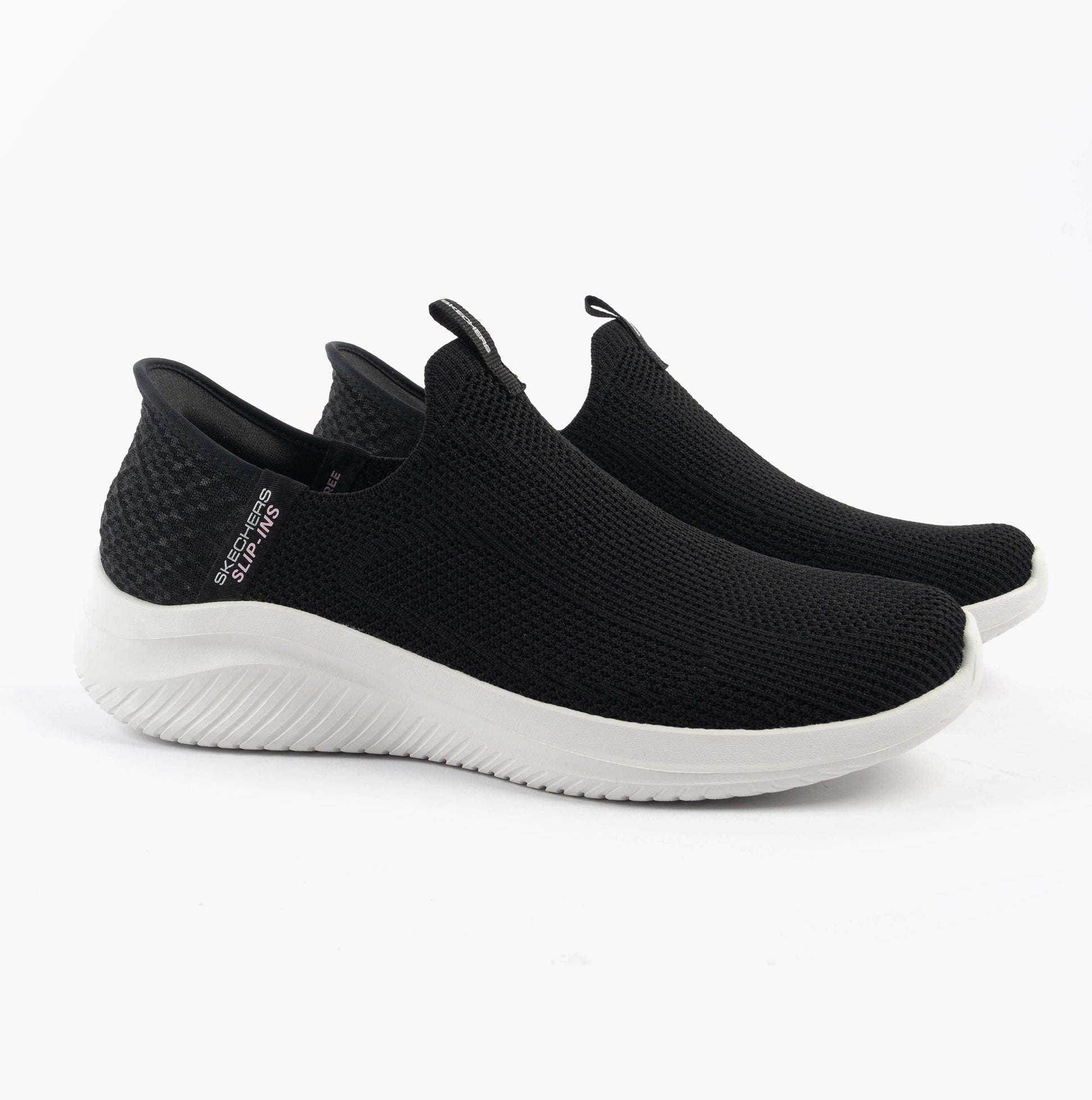 Skechers 150450/BLK ULTRA FLEX 3.0-EASY WIN Womens Trainers Black side view showcasing breathable upper and slip-on design.