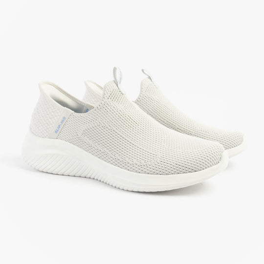 Skechers 150450/LTGY ULTRA FLEX 3.0-EASY WIN Womens Trainers Light Grey side view, showcasing slip-on design and flexible upper.