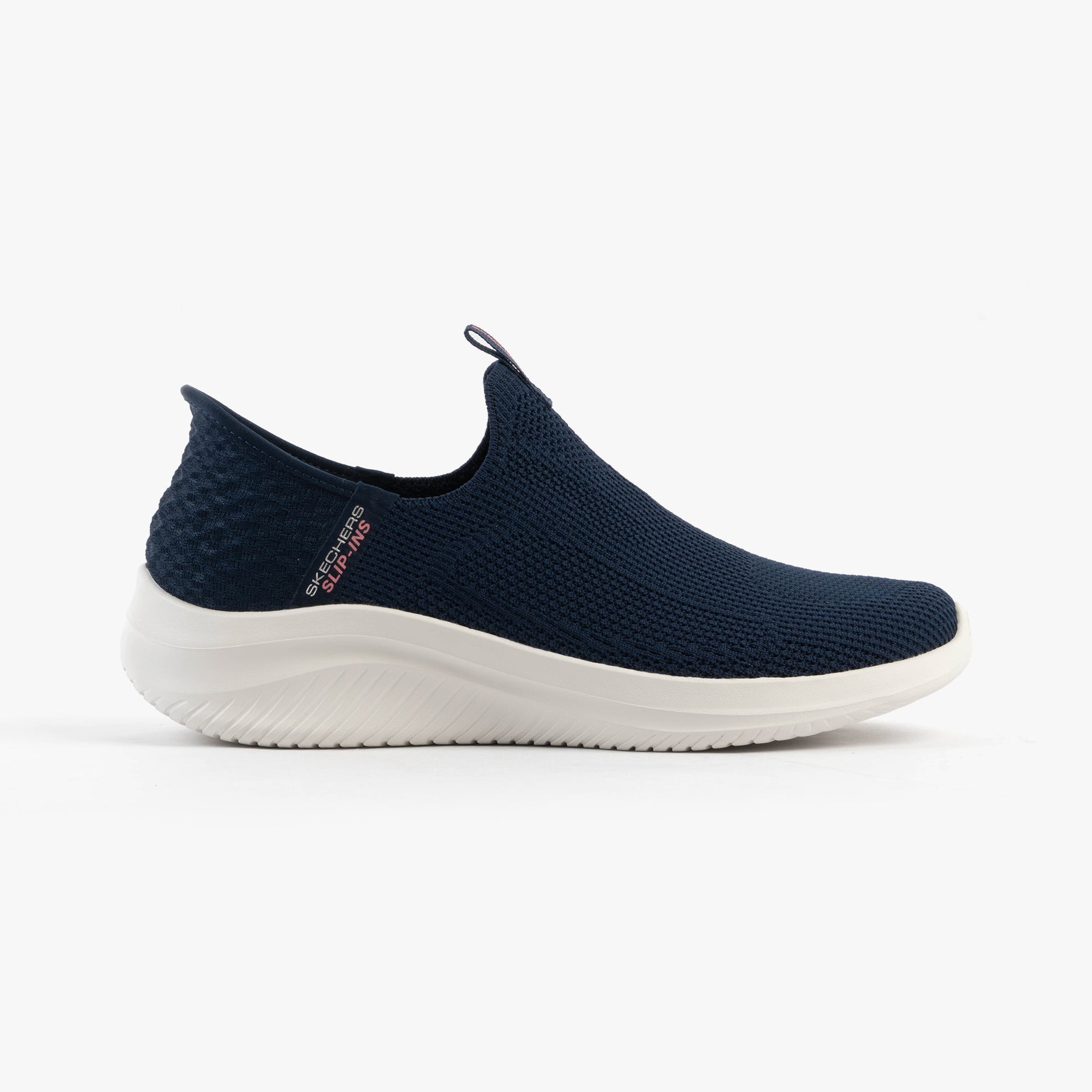 Skechers 150450/NVY ULTRA FLEX 3.0-EASY WIN Womens Trainers Navy/Grey/Pink side view showing slip-on design and flexible sole.