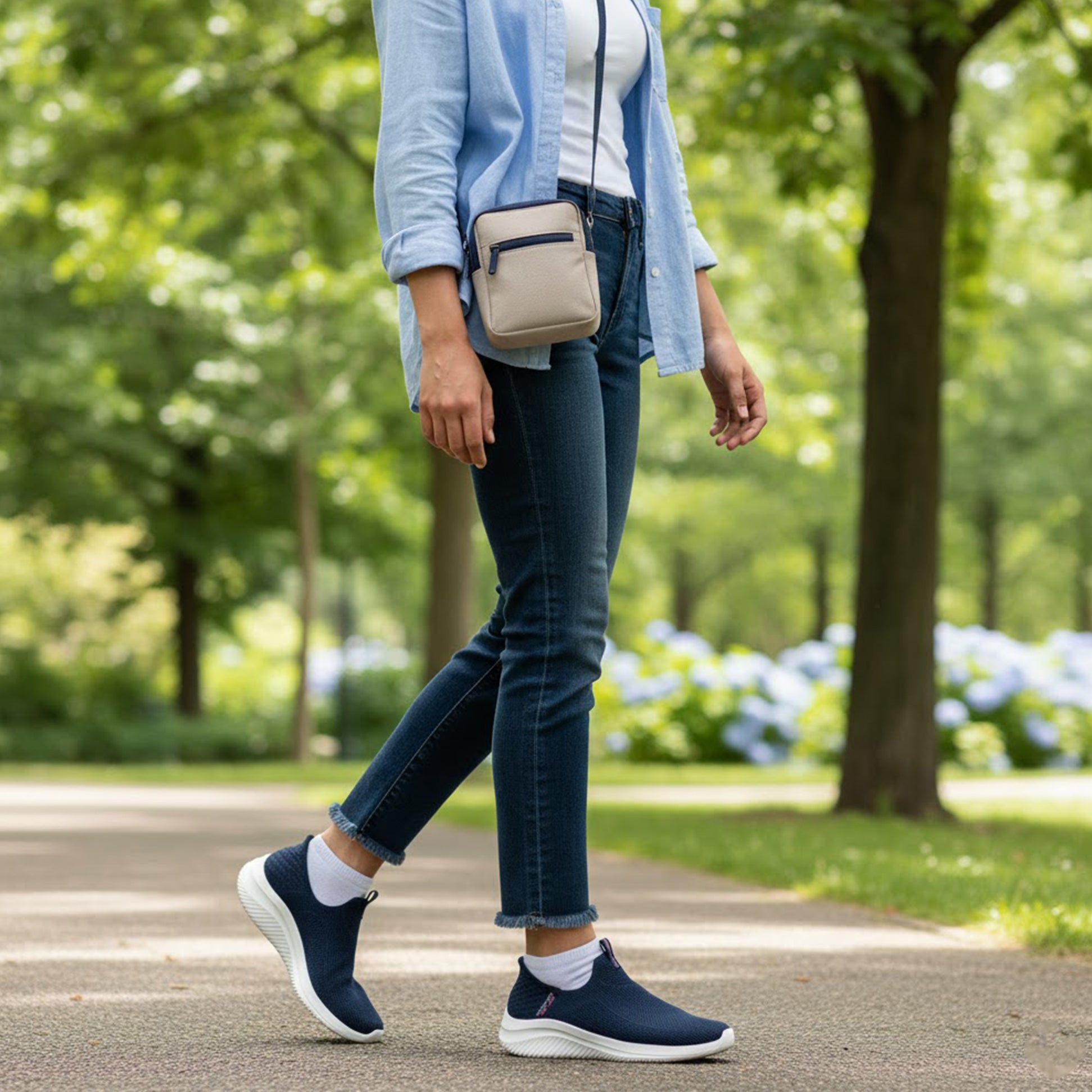 Skechers 150450/NVY ULTRA FLEX 3.0-EASY WIN Womens Trainers Navy/Grey/Pink side view worn outdoors.