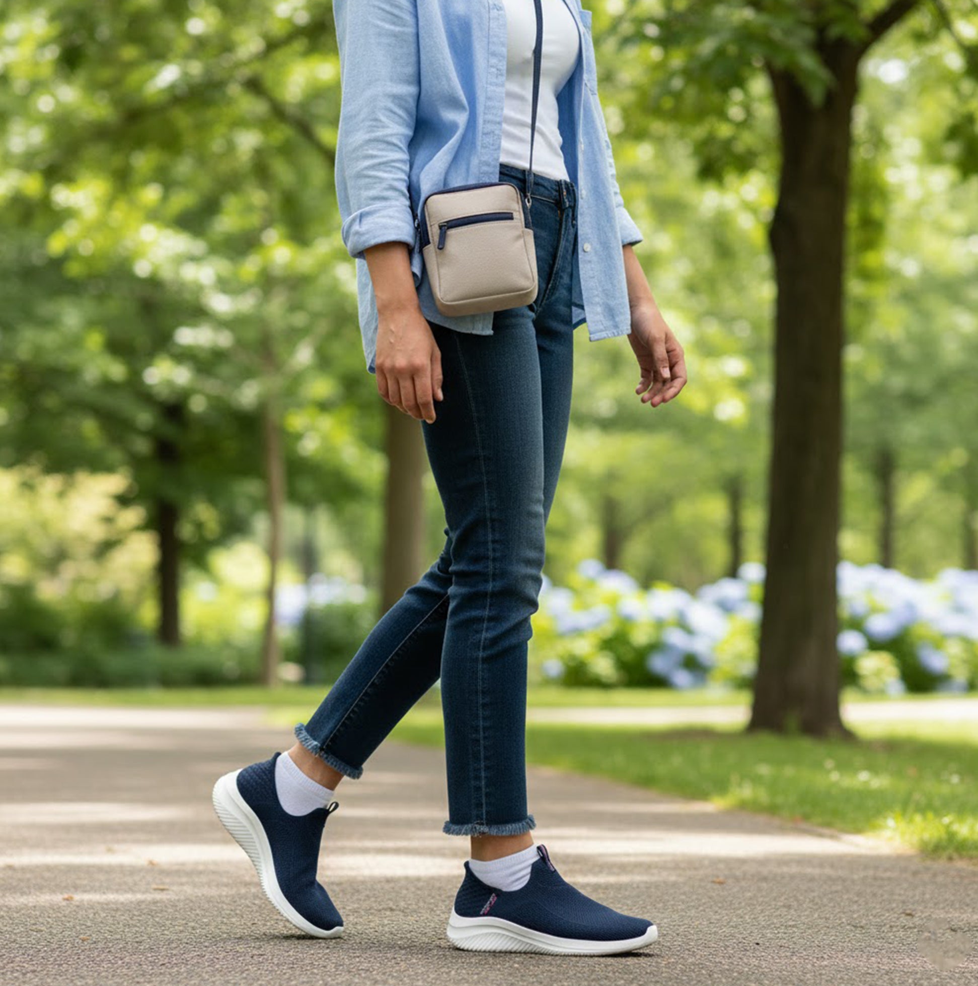 Skechers 150450/NVY ULTRA FLEX 3.0-EASY WIN Womens Trainers Navy/Grey/Pink side view worn outdoors.