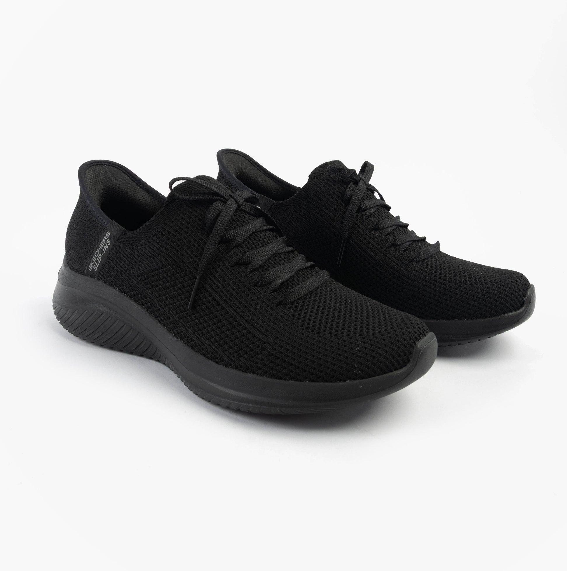 Skechers 150457/BBK ULTRA FLEX 3.0-ELEVATED MOTION Womens Trainers Black side view with lace-up closure.