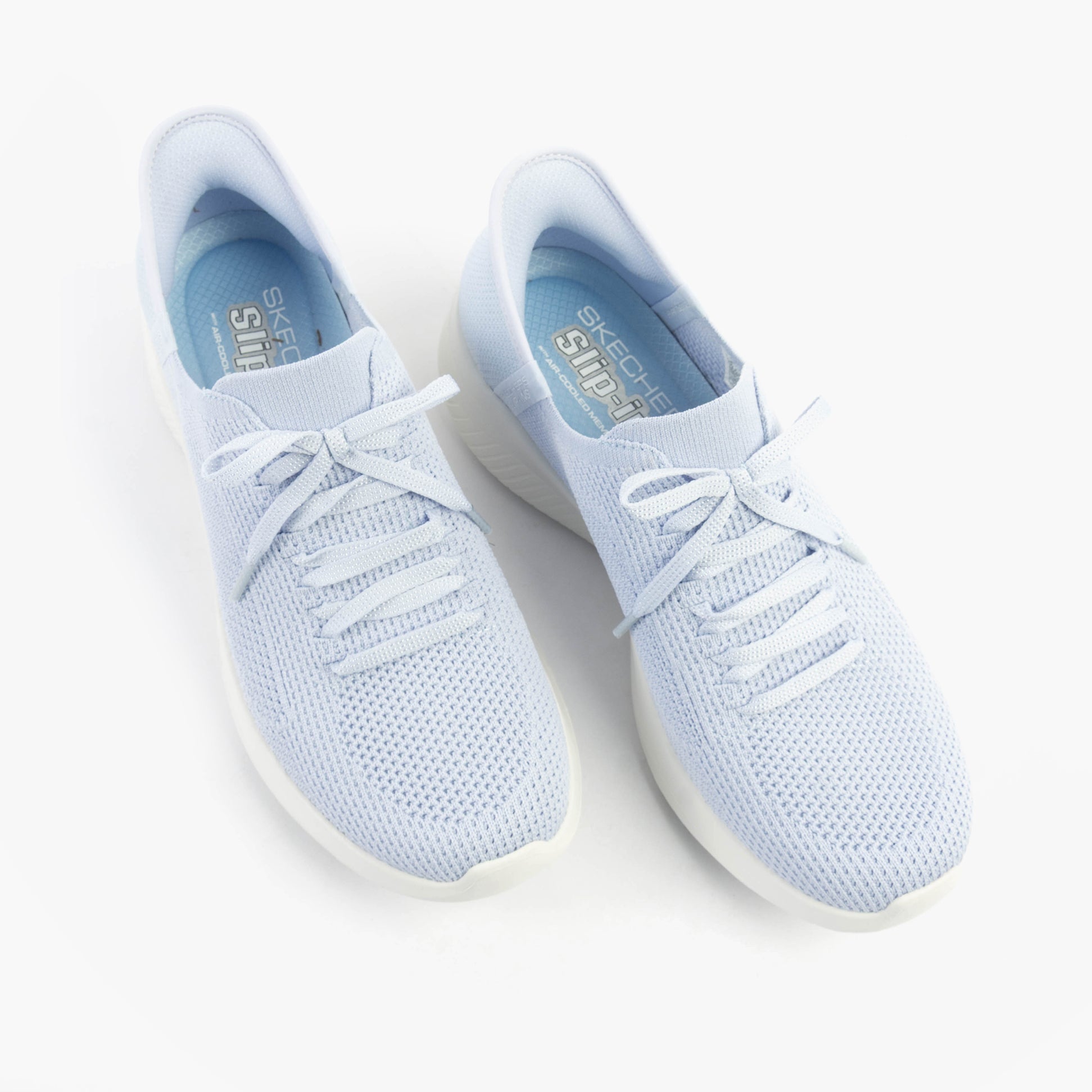 Skechers 150457/LTBL ULTRA FLEX 3.0-ELEVATED MOTION Womens Trainers Light Blue top view with lace-up design.