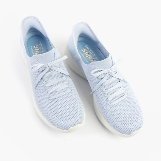 Skechers 150457/LTBL ULTRA FLEX 3.0-ELEVATED MOTION Womens Trainers Light Blue top view with lace-up design.