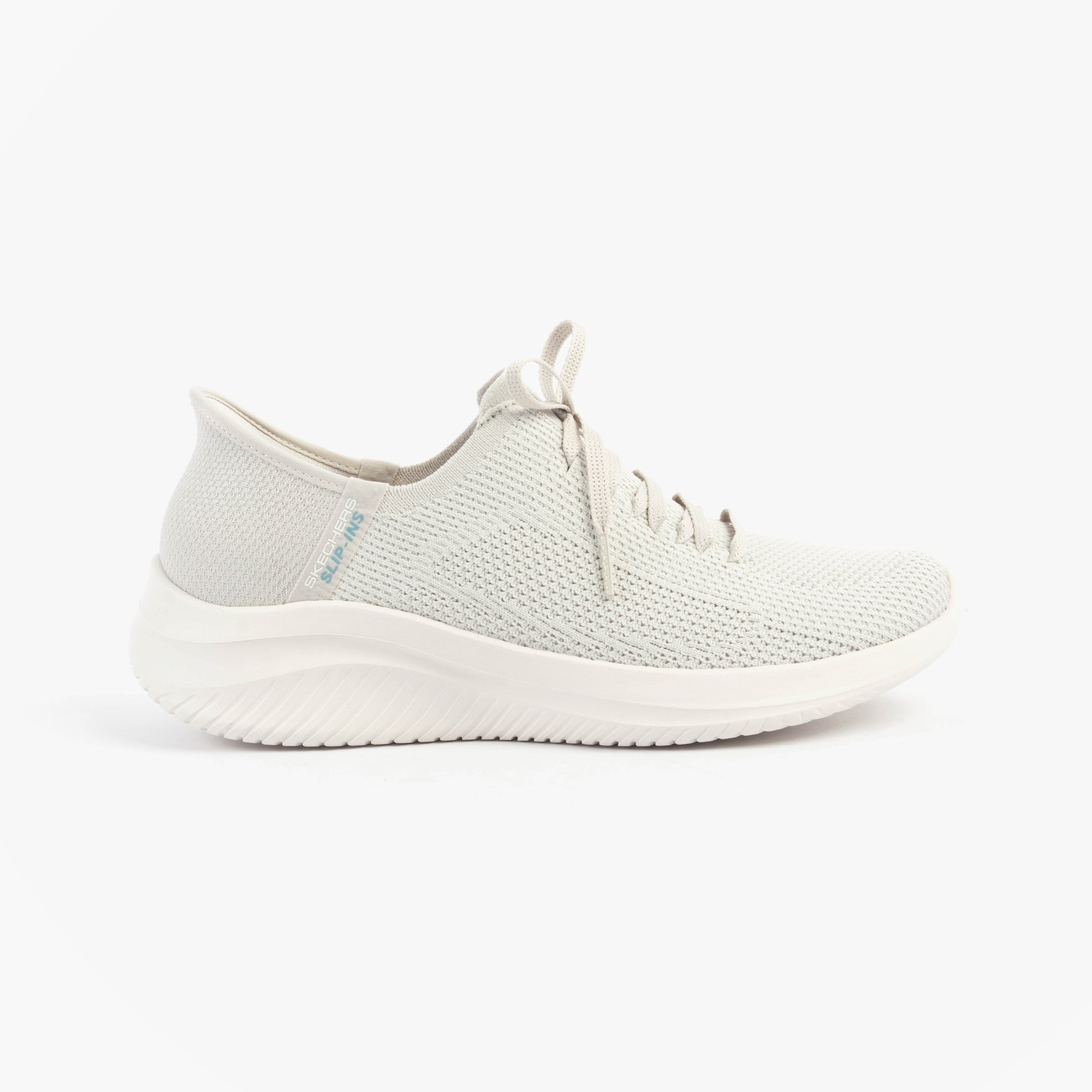 Skechers 150457/LTGY ULTRA FLEX 3.0-ELEVATED MOTION Womens Trainers Light Grey side view showing casual design and lace-up closure.