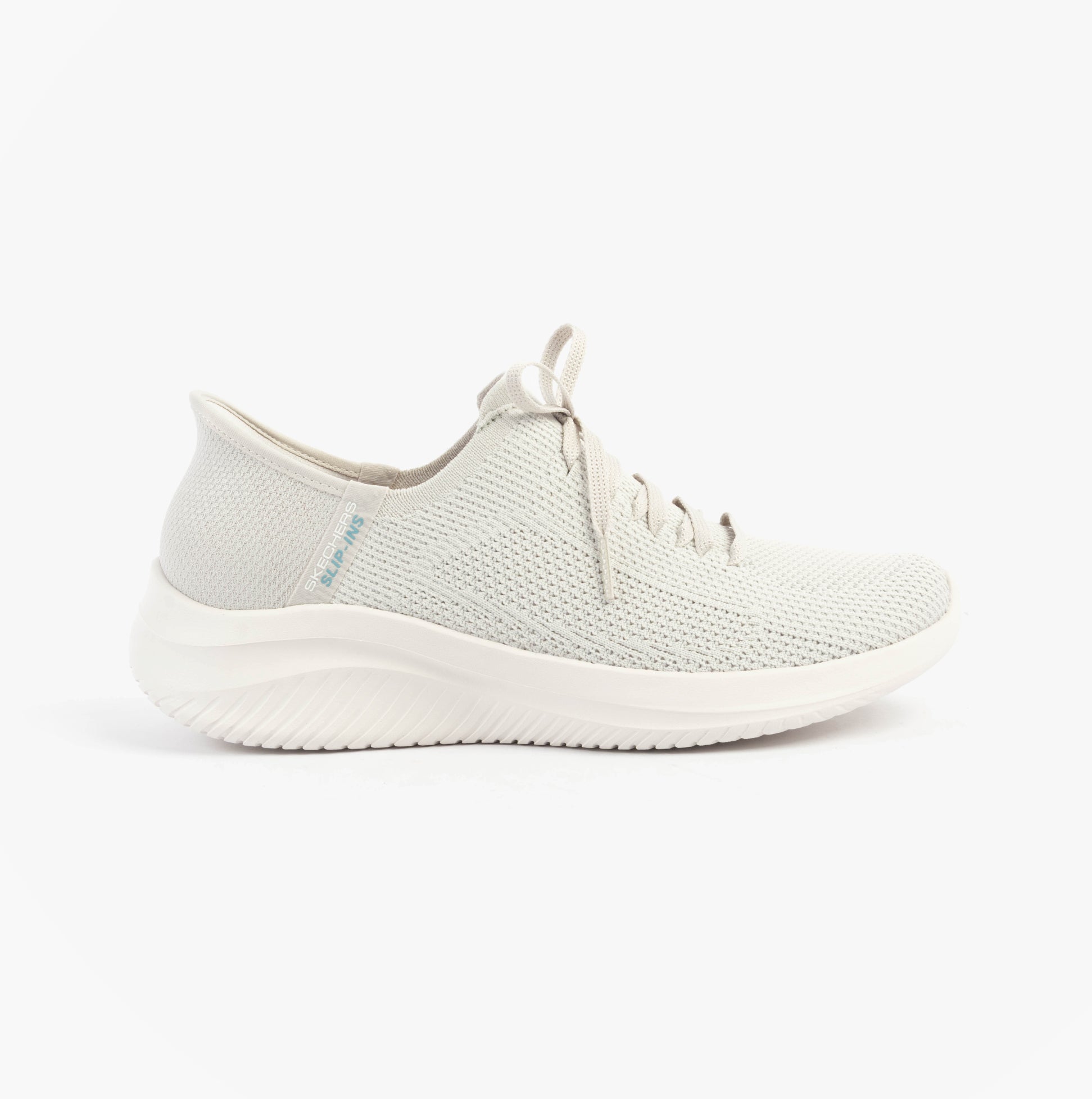Skechers 150457/LTGY ULTRA FLEX 3.0-ELEVATED MOTION Womens Trainers Light Grey side view showing casual design and lace-up closure.