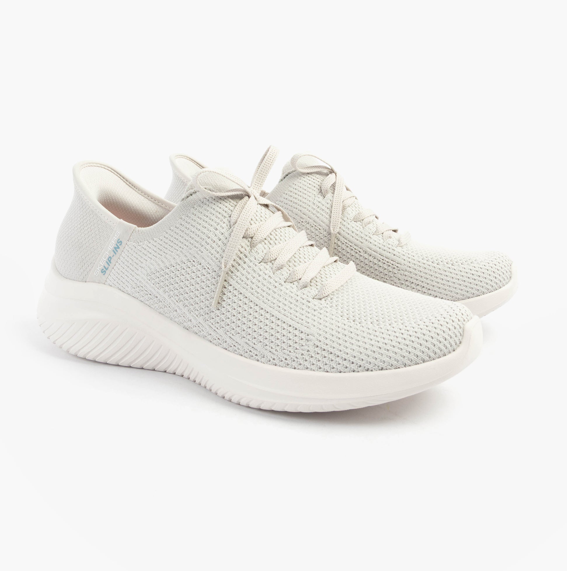 Skechers 150457/LTGY ULTRA FLEX 3.0-ELEVATED MOTION Womens Trainers Light Grey side view with lace-up closure.