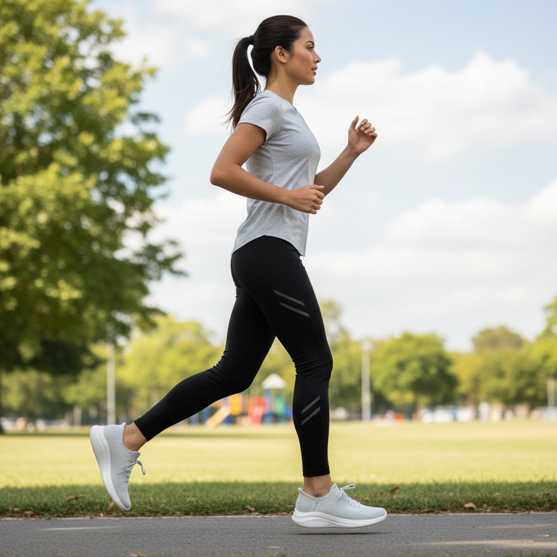 Skechers 150457/LTGY ULTRA FLEX 3.0-ELEVATED MOTION Womens Trainers Light Grey side view on a woman jogging in black leggings.