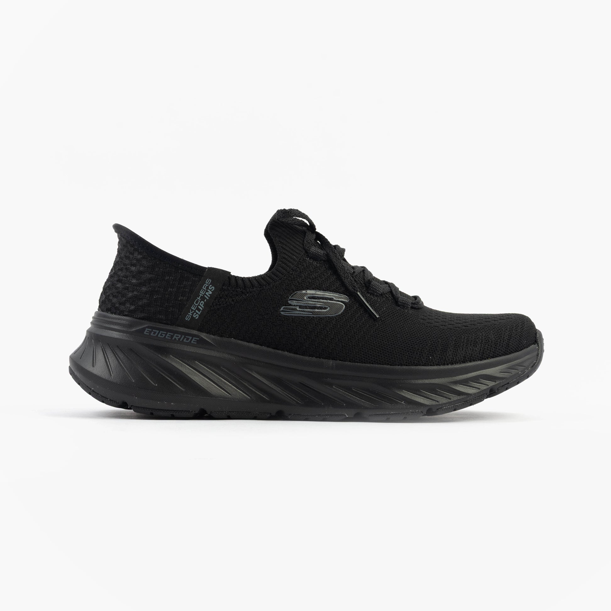 Skechers 150470/BBK EDGERIDE - IMPRESSION Womens Trainers Black side view showcasing textile upper and rubber sole.