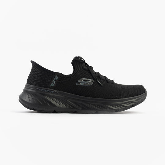 Skechers 150470/BBK EDGERIDE - IMPRESSION Womens Trainers Black side view showcasing textile upper and rubber sole.