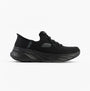Skechers 150470/BBK EDGERIDE - IMPRESSION Womens Trainers Black side view showcasing textile upper and rubber sole.
