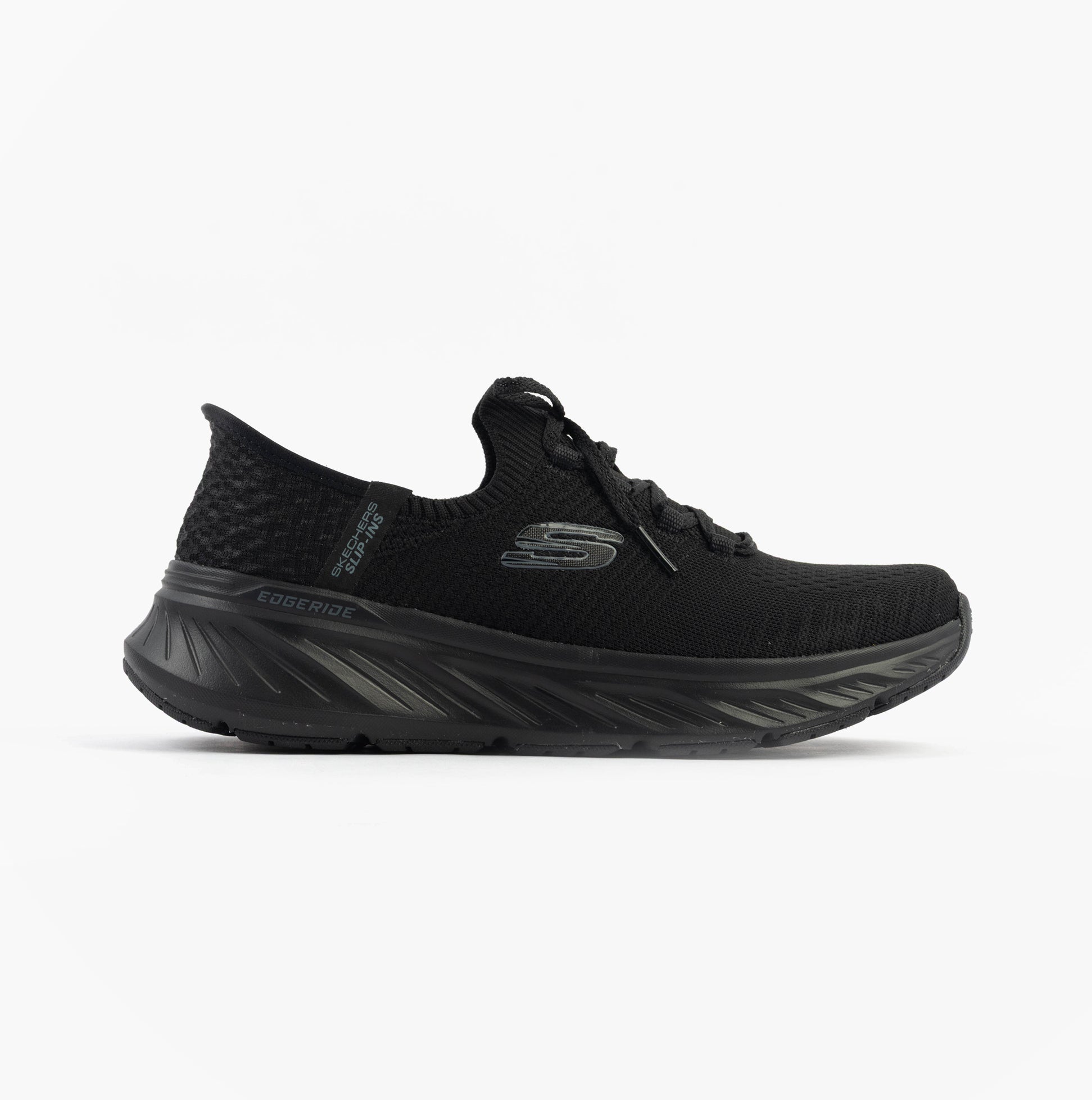 Skechers 150470/BBK EDGERIDE - IMPRESSION Womens Trainers Black side view showcasing textile upper and rubber sole.