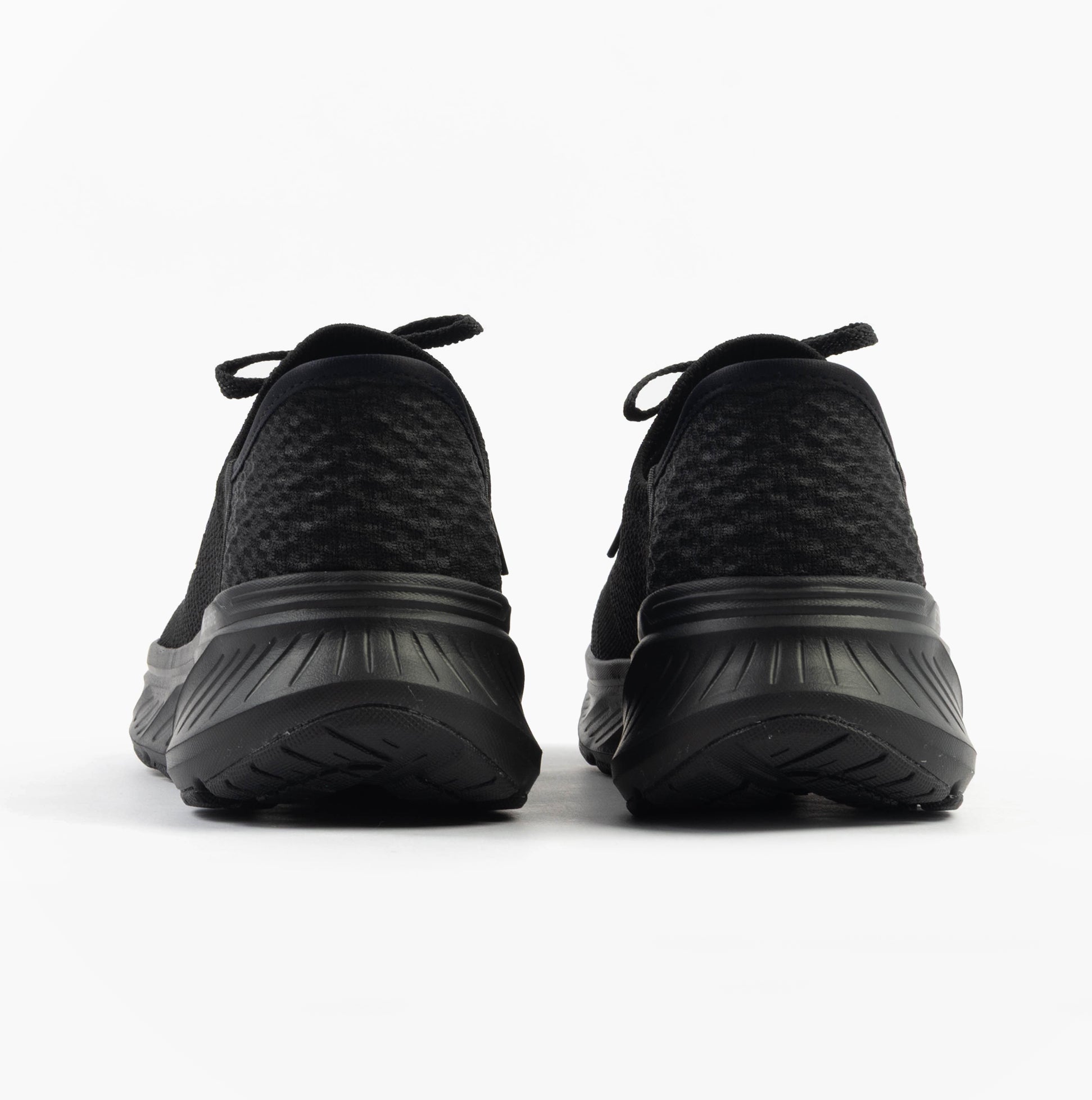 Skechers 150470/BBK EDGERIDE - IMPRESSION Womens Trainers Black back view showcasing low top design and rubber sole.
