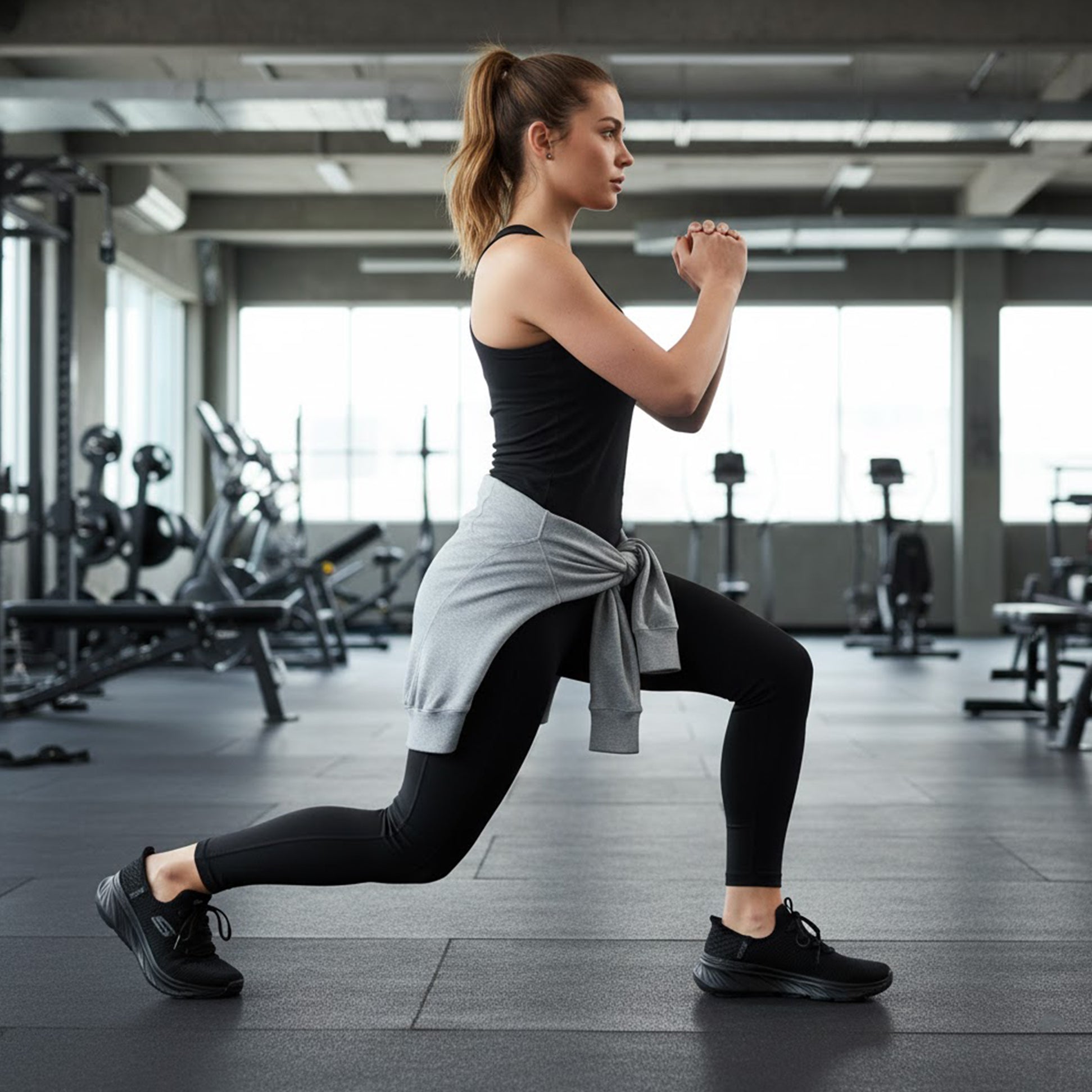 Skechers 150470/BBK EDGERIDE - IMPRESSION Womens Trainers Black side view worn by a woman in a gym setting.