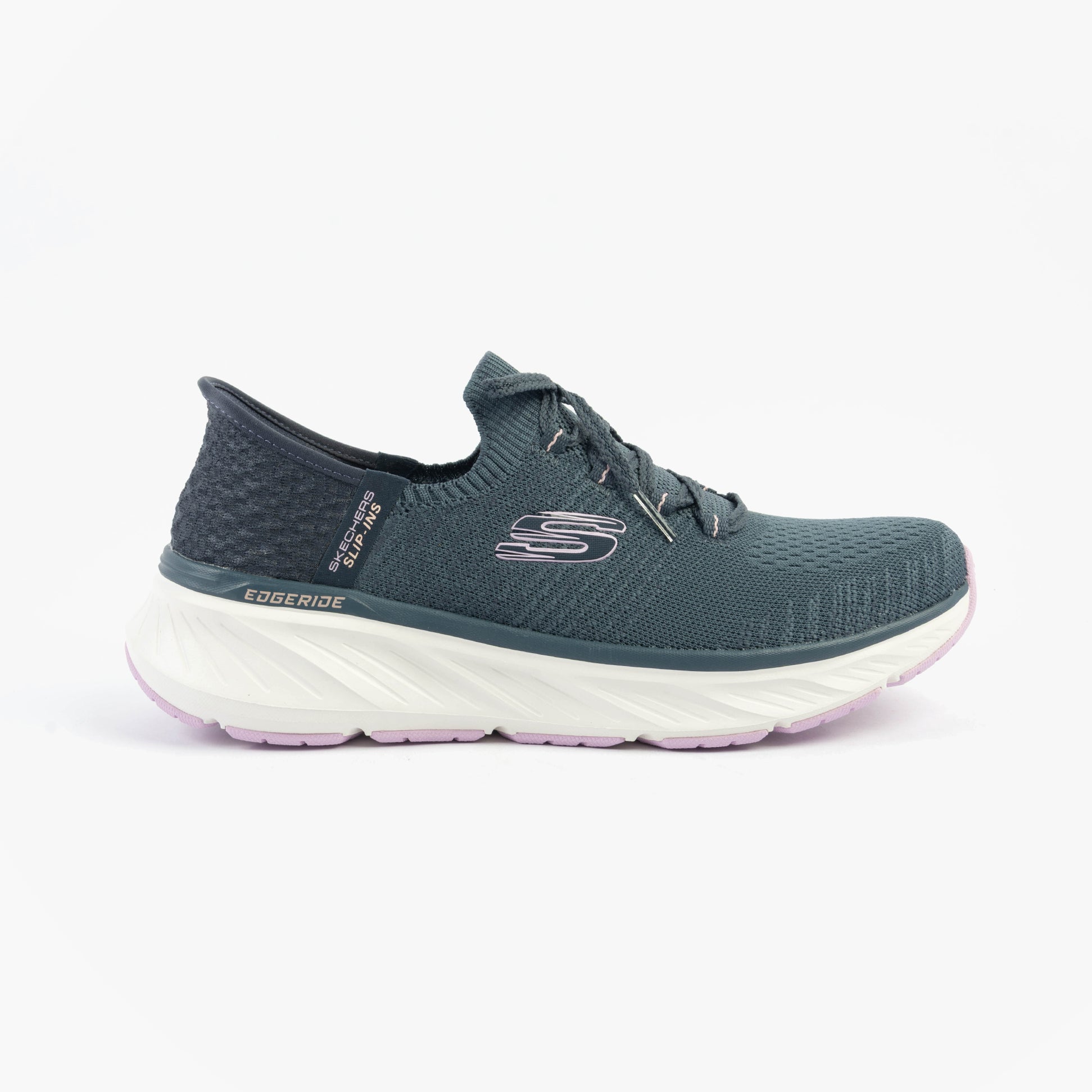 Skechers 150470/NVLV EDGERIDE - IMPRESSION Womens Trainers Blue side view, featuring a relaxed fit and lace-up closure.