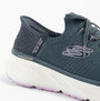 Skechers 150470/NVLV EDGERIDE - IMPRESSION Womens Trainers Blue side view highlighting the stylish upper and cushioned sole.