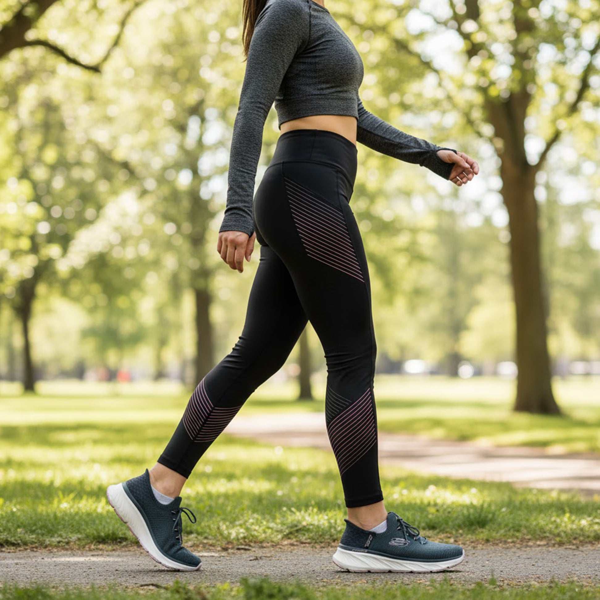Skechers 150470/NVLV EDGERIDE - IMPRESSION Womens Trainers Blue side view worn by a woman in athletic leggings outdoors.