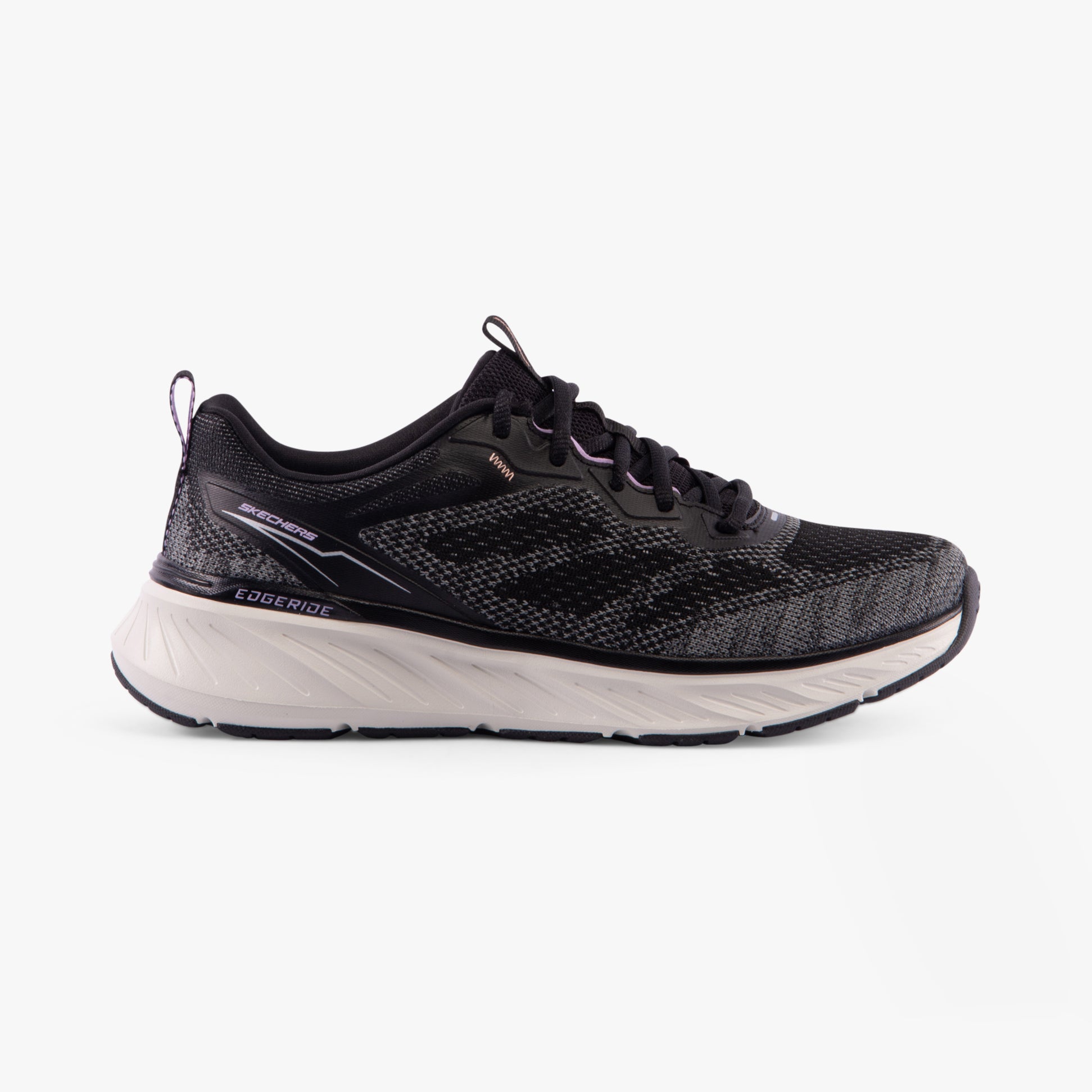 Skechers 150471/BKLV EDGERIDE-POWER FLOW Womens Trainers Black/Lavender side view showcasing lace-up closure and textile upper.