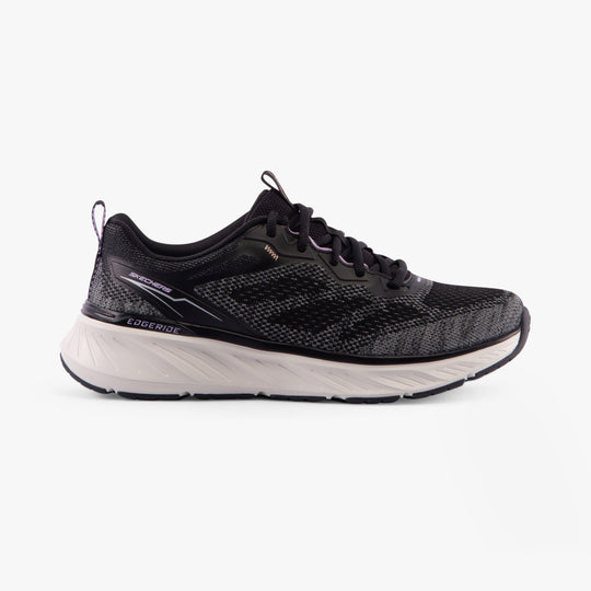Skechers 150471/BKLV EDGERIDE-POWER FLOW Womens Trainers Black/Lavender side view showcasing lace-up closure and textile upper.