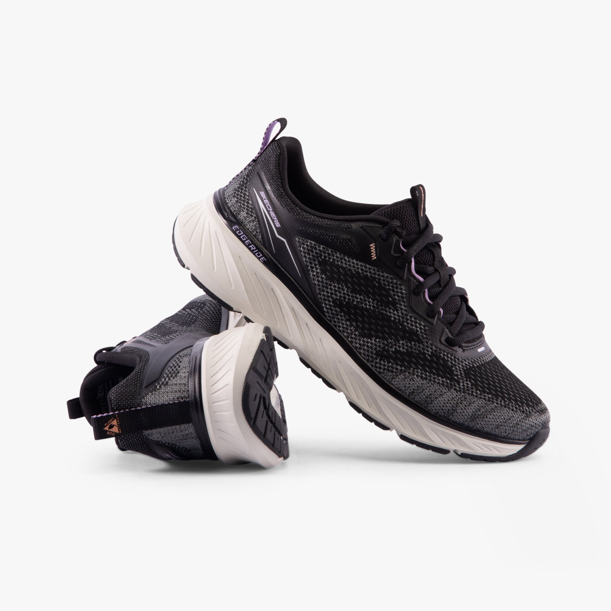 Skechers 150471/BKLV EDGERIDE-POWER FLOW Womens Trainers Black/Lavender side view with textured upper and flexible sole.