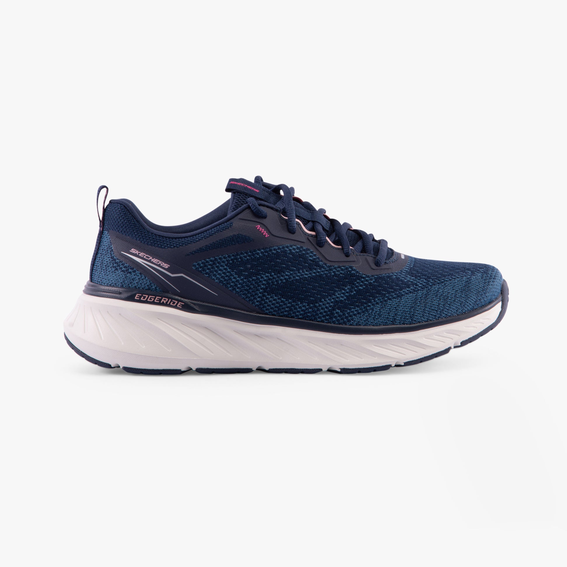 Skechers 150471/NVPK EDGERIDE-POWER FLOW Womens Trainers Navy/Pink side view with textile upper and rubber sole.