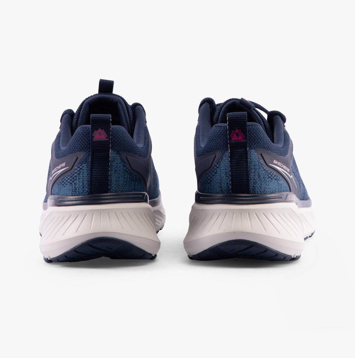 Skechers 150471/NVPK EDGERIDE-POWER FLOW Womens Trainers Navy/Pink back view showcasing navy textile upper and pink accents.