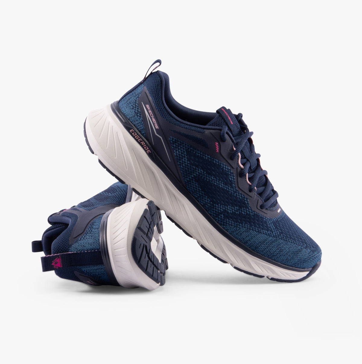 Skechers 150471/NVPK EDGERIDE-POWER FLOW Womens Trainers Navy/Pink side view with textured upper and lace-up closure.