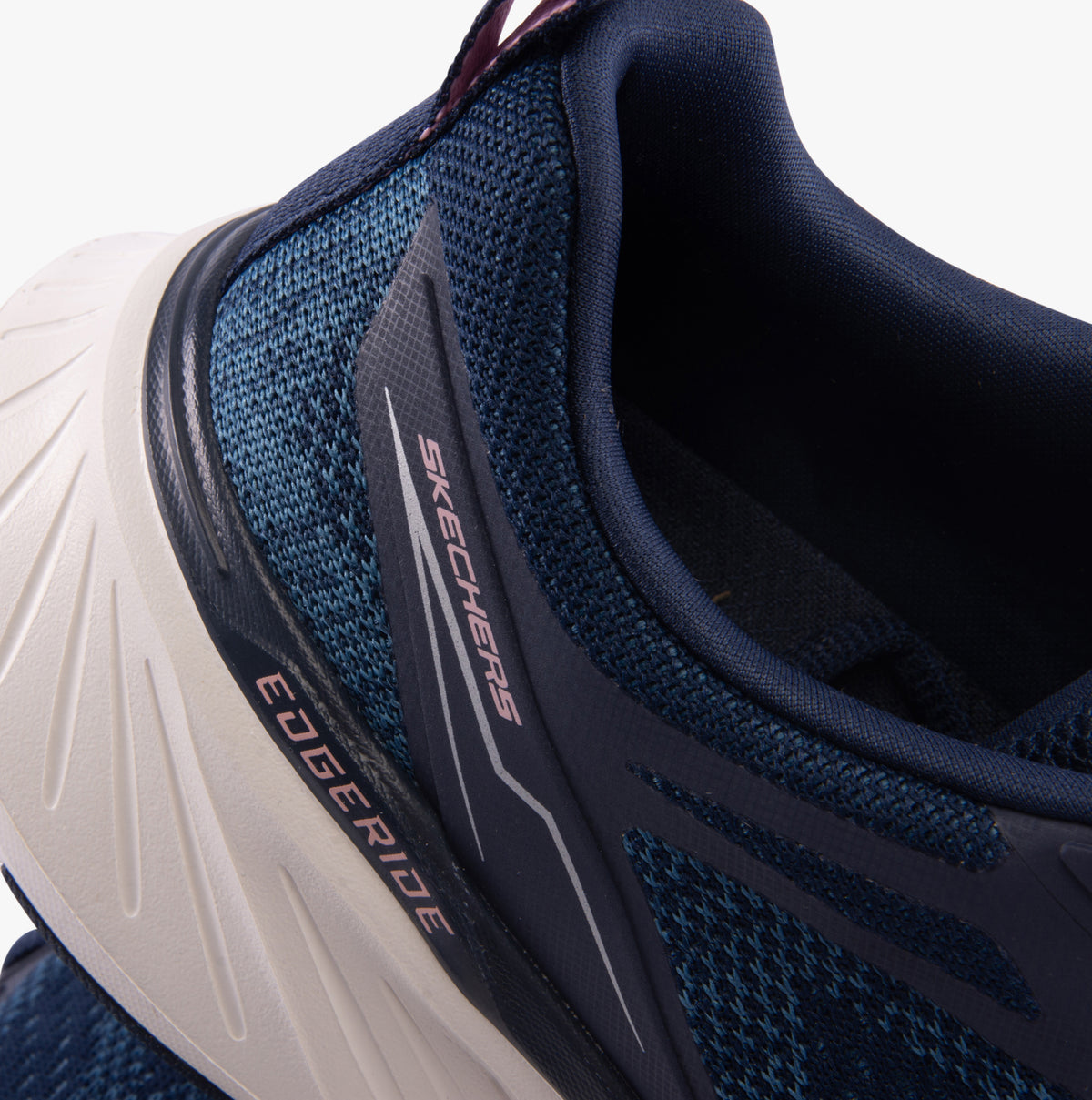 Skechers 150471/NVPK EDGERIDE-POWER FLOW Womens Trainers Navy/Pink detail view showing textile upper and lace-up design.