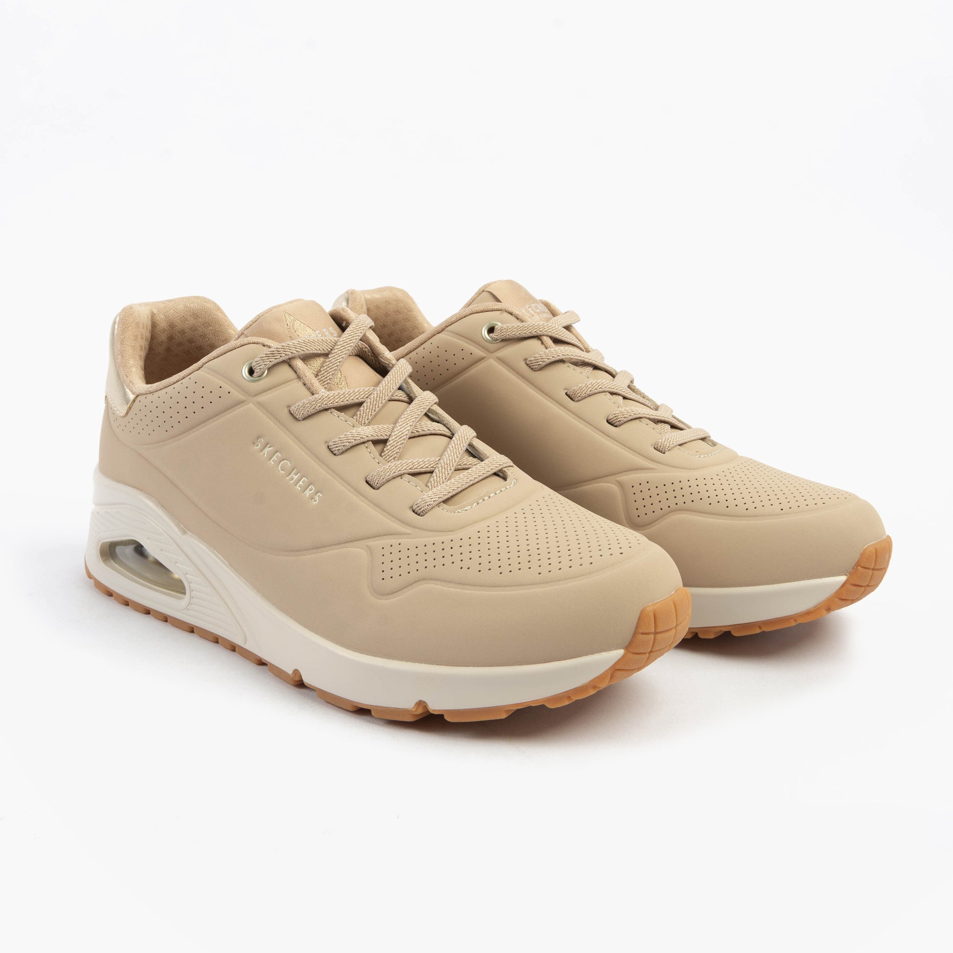 Skechers 155196/NUDE UNO - SHIMMER AWAY Womens Trainers Nude side view showing casual style and lace-up design.