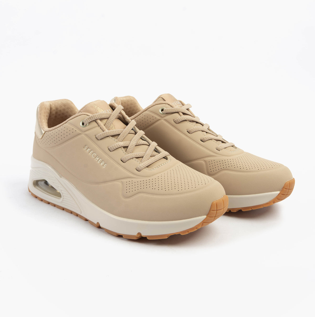 Skechers 155196/NUDE UNO - SHIMMER AWAY Womens Trainers Nude side view showing casual style and lace-up design.