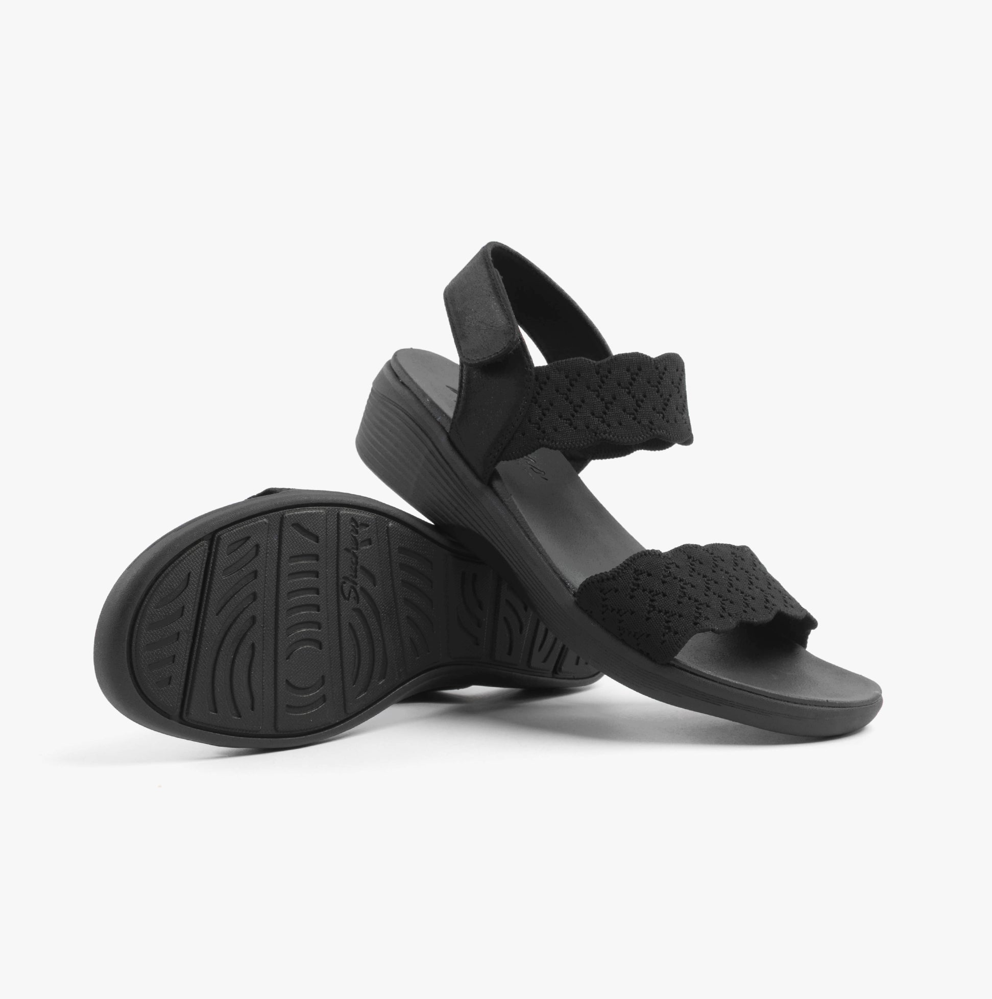 Skechers 163165/BBK ARYA - ON THE RISE Womens Sandals Black side view with wedge heel and textured straps.