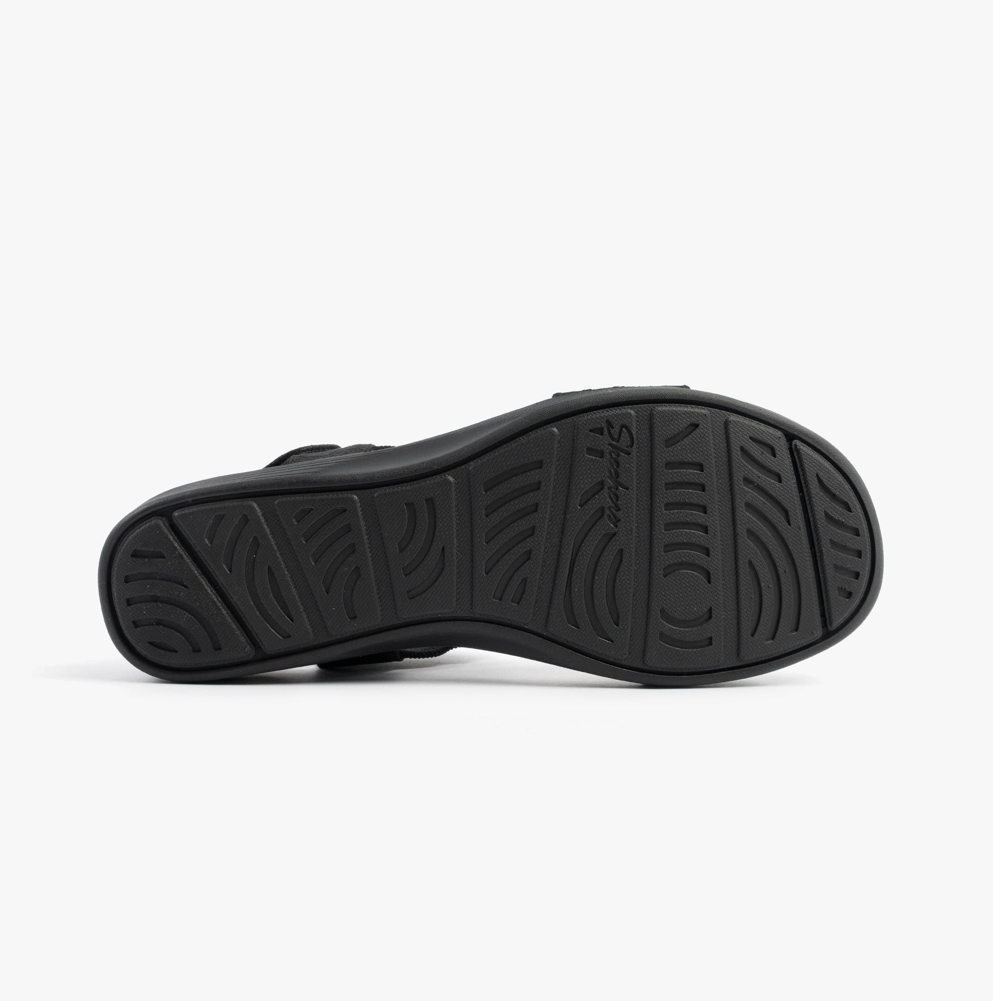 Skechers 163165/BBK ARYA - ON THE RISE Womens Sandals Black bottom view showcasing rubber sole detail.