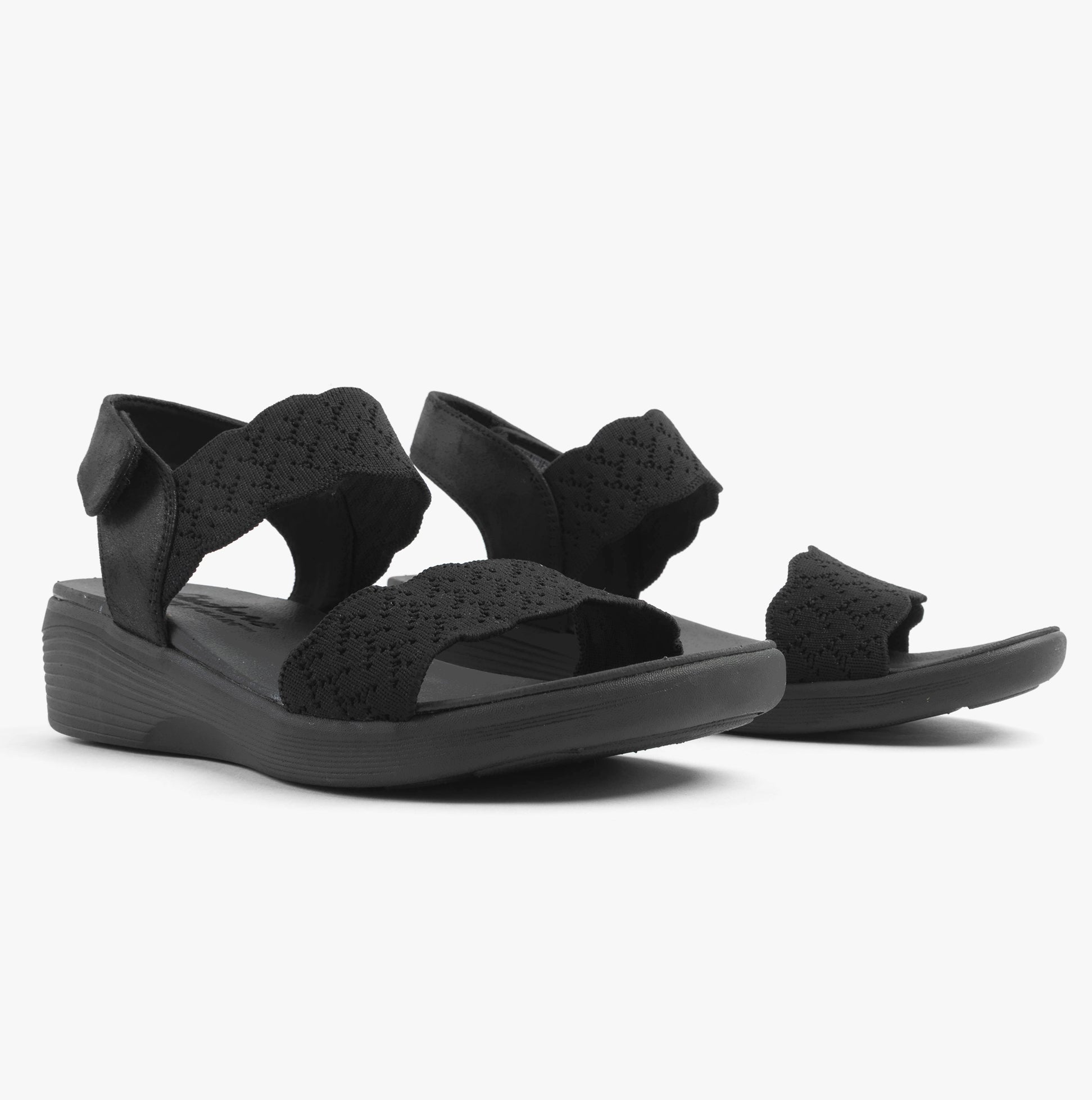 Skechers 163165/BBK ARYA - ON THE RISE Womens Sandals Black side view showcasing stylish wedge design and comfortable fit.