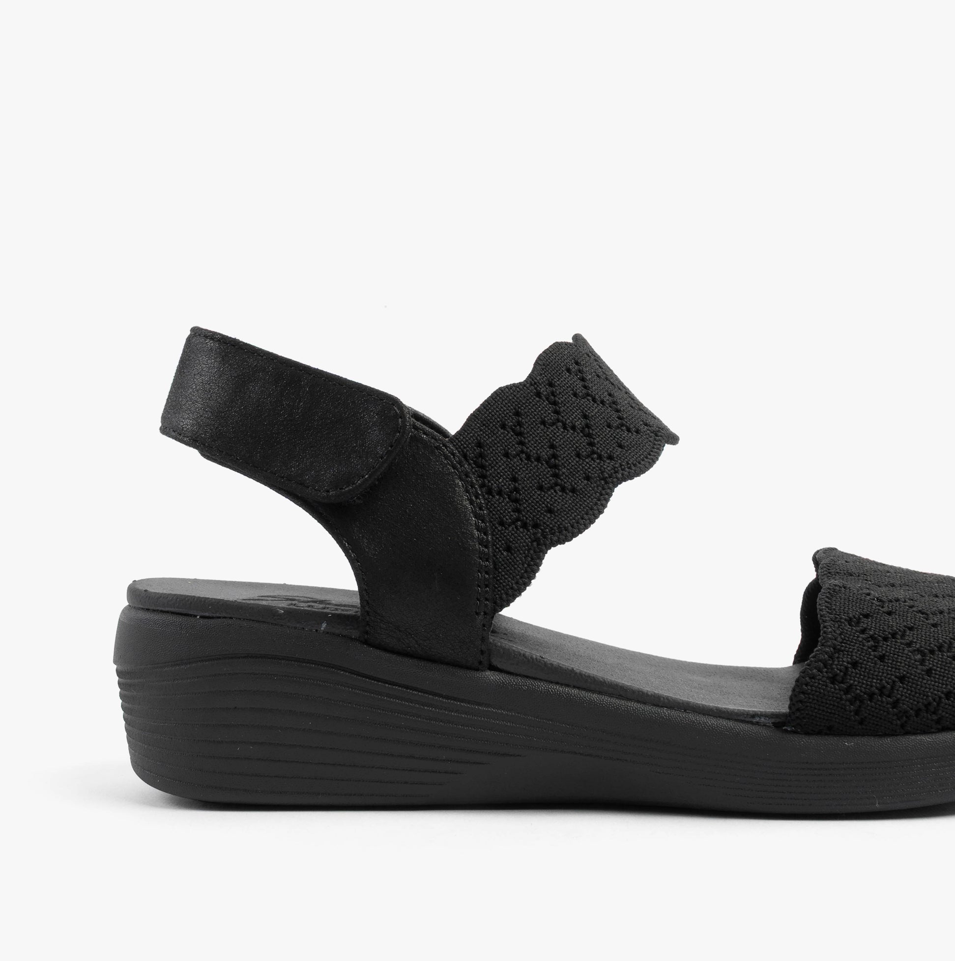 Skechers 163165/BBK ARYA - ON THE RISE Womens Sandals Black side view showcasing wedge heel design.