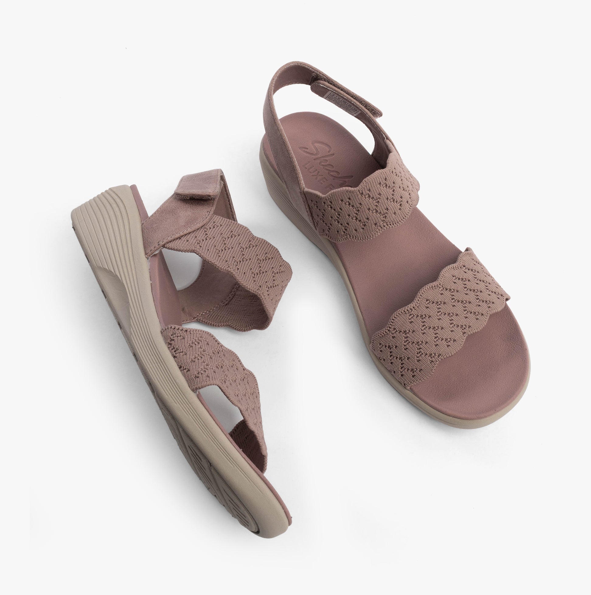 Skechers 163165/MVE ARYA - ON THE RISE Womens Sandals Mauve/Pink side view featuring wedge heel and textured straps.
