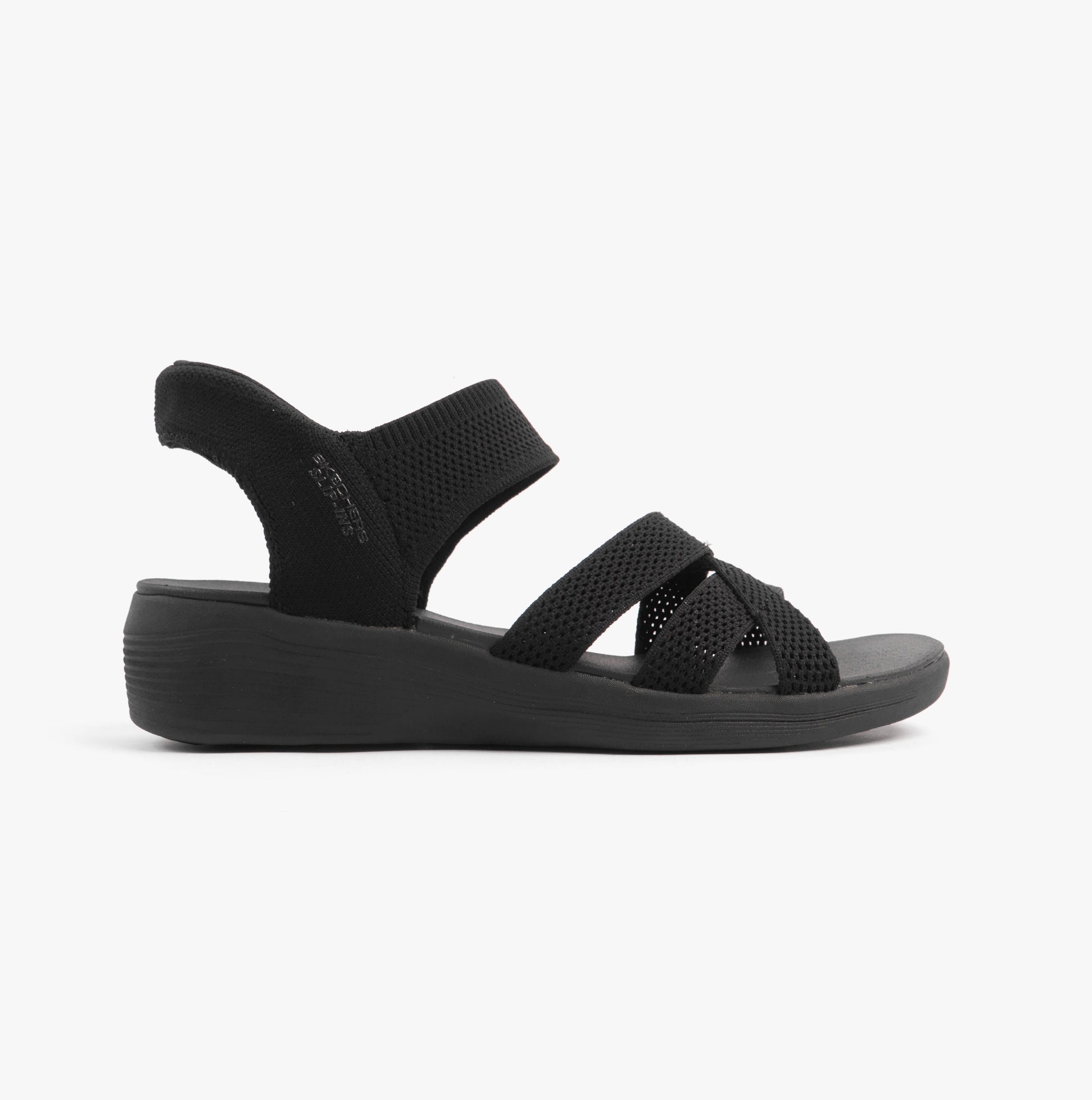 Skechers 163524/BBK ARYA - COOLING OFF Womens Sandals Black side view highlighting slip-on design and wedge heel.