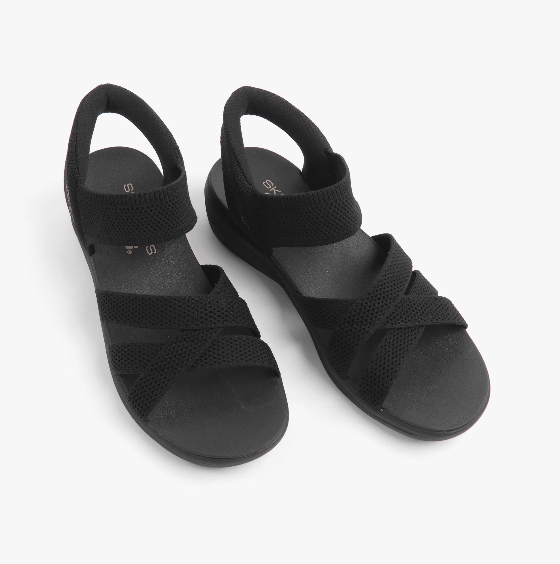 Skechers 163524/BBK ARYA - COOLING OFF Womens Sandals Black top view showing cross strap design and slip-on closure.
