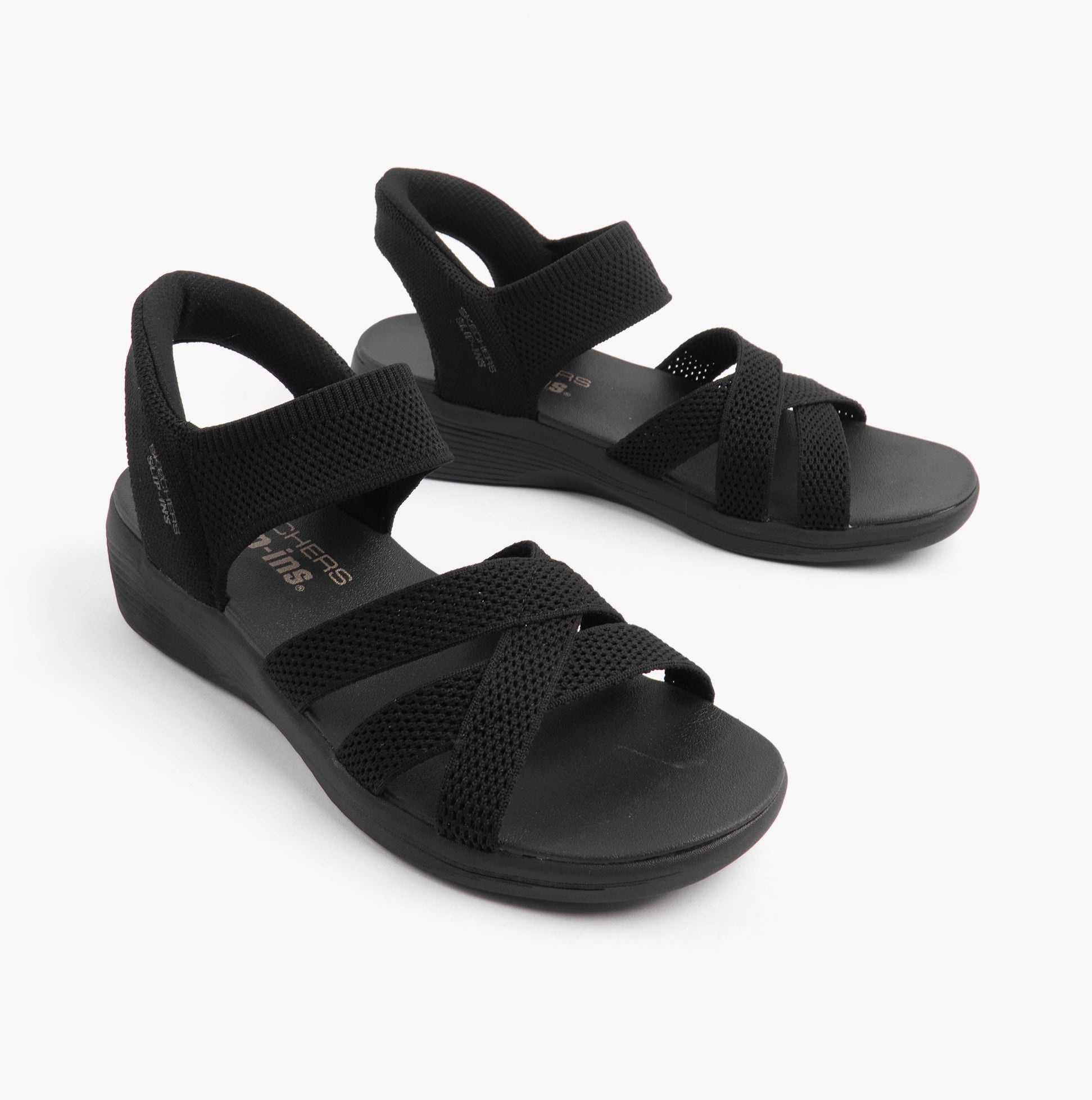 Skechers 163524/BBK ARYA - COOLING OFF Womens Sandals Black side view, showcasing comfortable slip-on design and wedge heel.