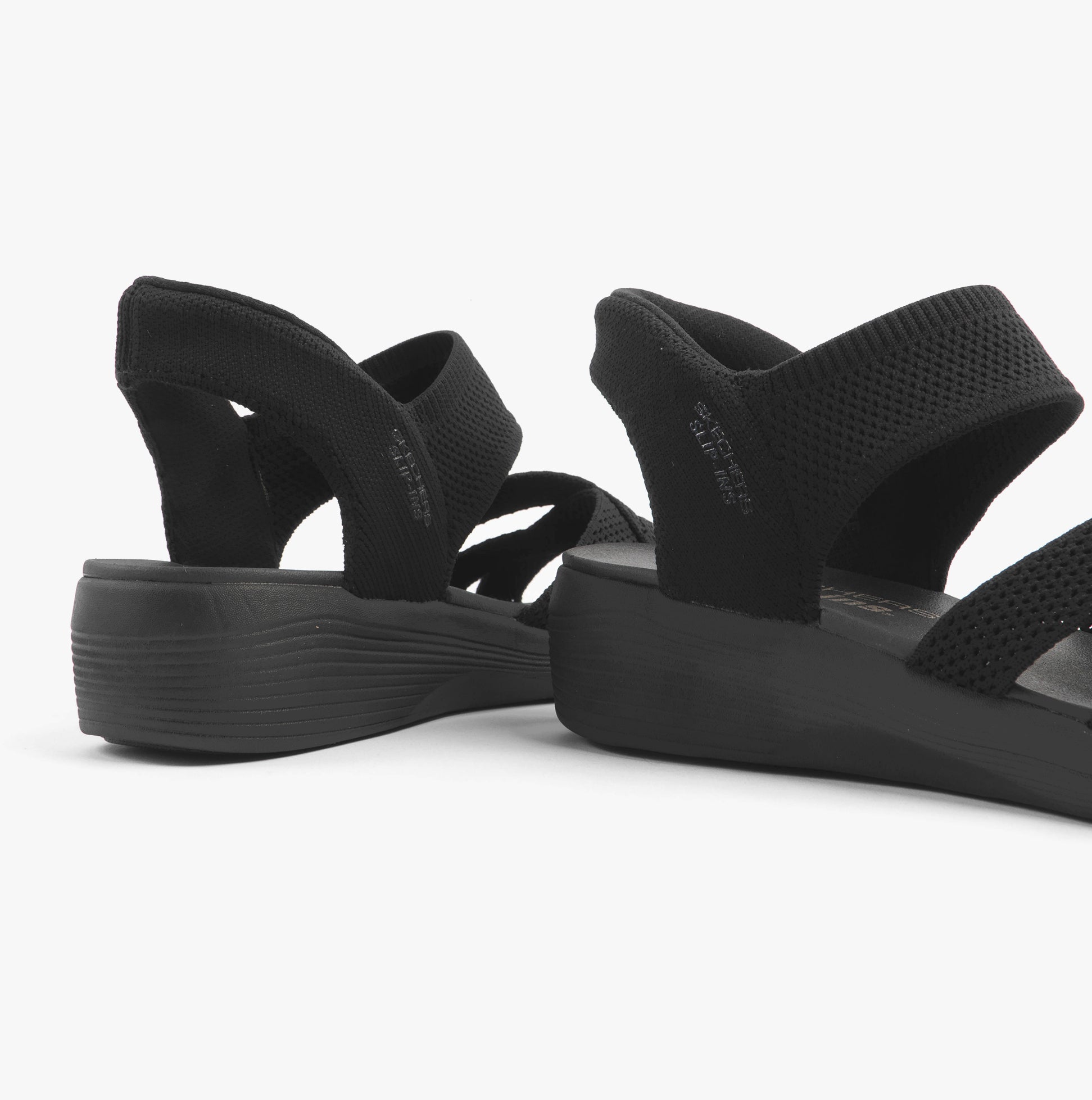 Skechers 163524/BBK ARYA - COOLING OFF Womens Sandals Black side view showcasing wedge heel and strappy design.