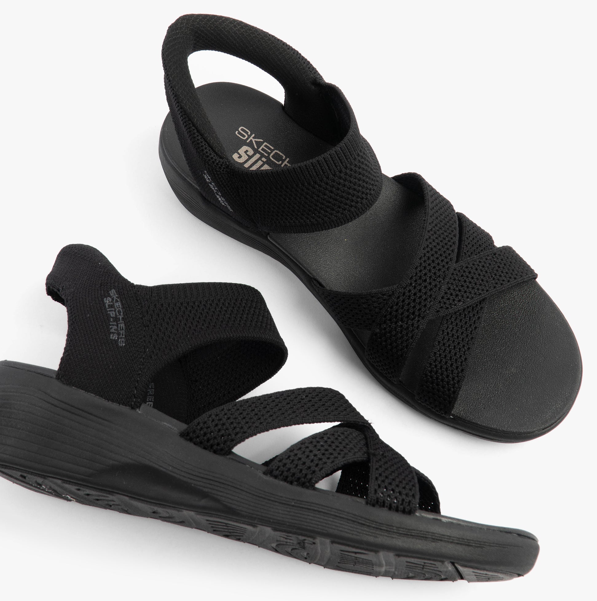 Skechers 163524/BBK ARYA - COOLING OFF Womens Sandals Black side view with textile upper and rubber sole.