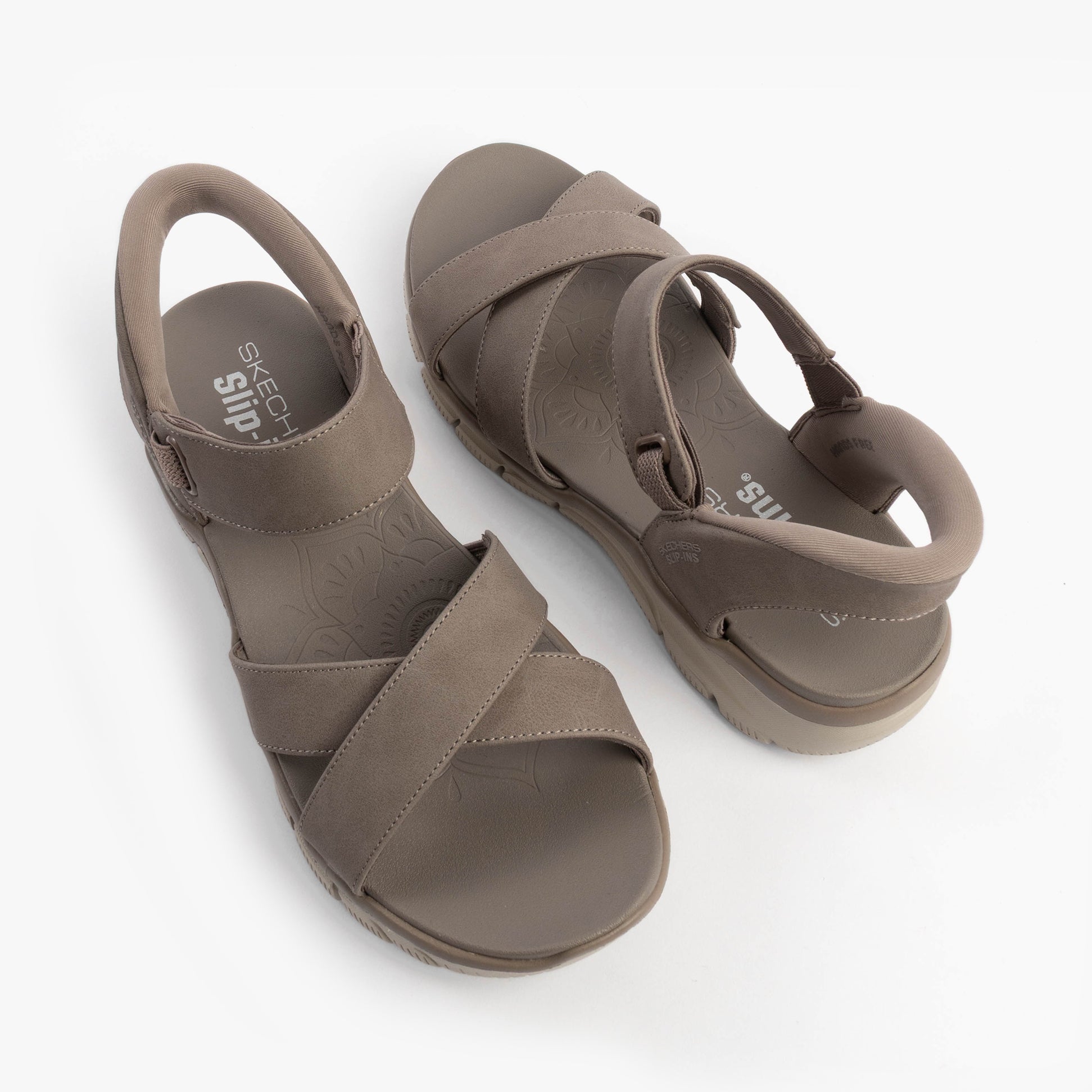Skechers 163534/TPE EASY GOING - SOMEWHERE SUNNY Womens Sandals Taupe top view showing synthetic leather straps and slip-on design.