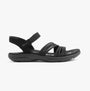 Skechers 163573/BBK REGGAE SLIM - COFFEE RUN Womens Sandals Black side view with textile upper and rubber sole.