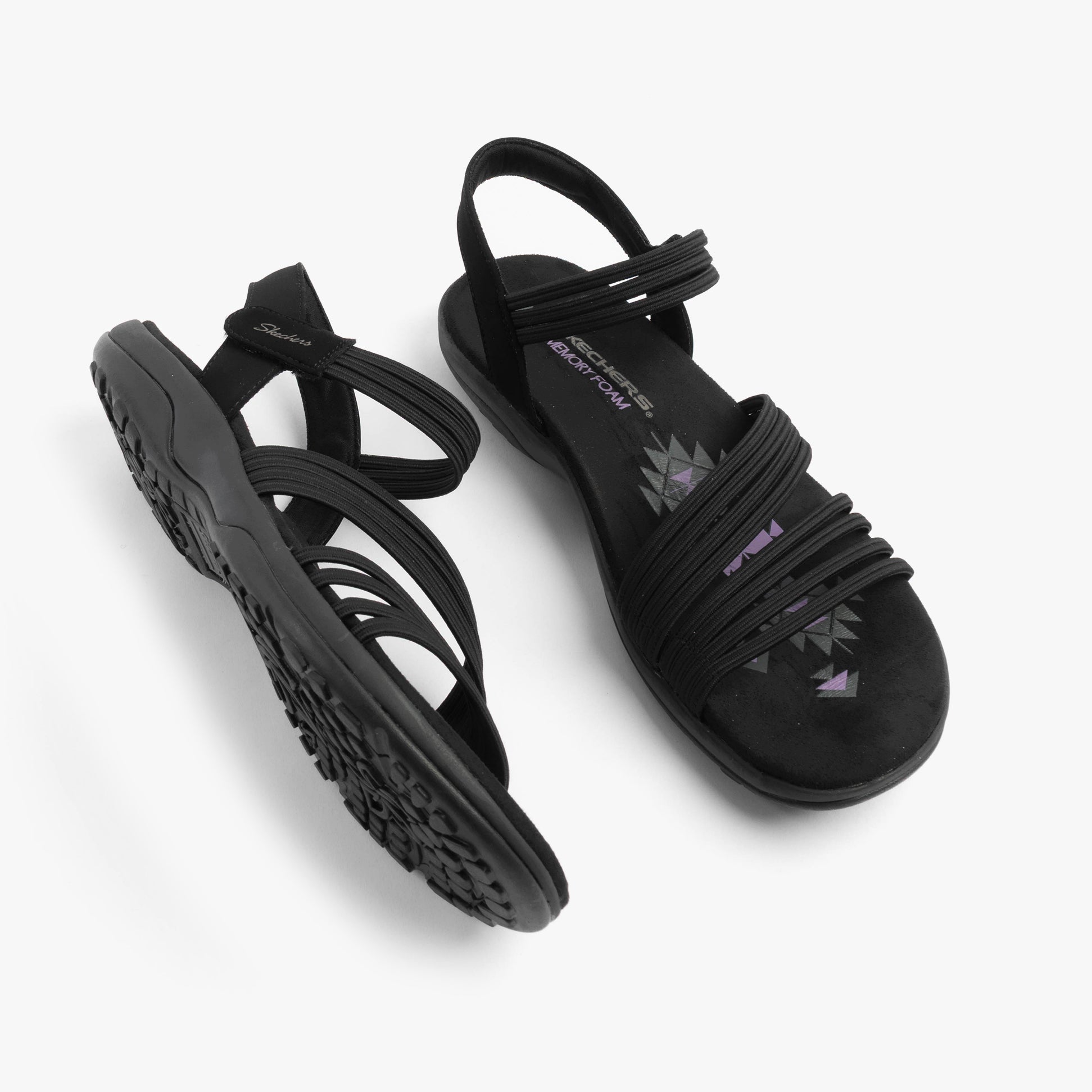 Skechers 163573/BBK REGGAE SLIM - COFFEE RUN Womens Sandals Black side view showcasing textile upper and rubber sole.