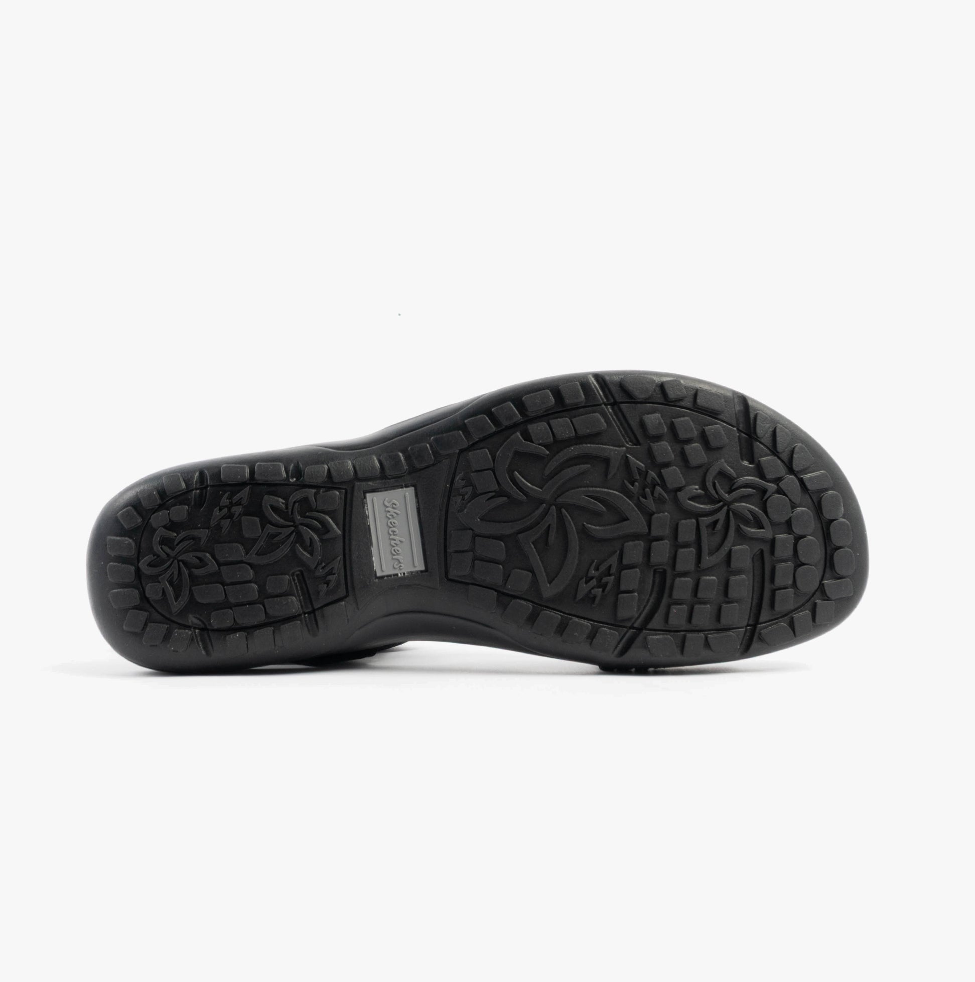 Skechers 163573/BBK REGGAE SLIM - COFFEE RUN Womens Sandals Black bottom view showing rubber sole design.