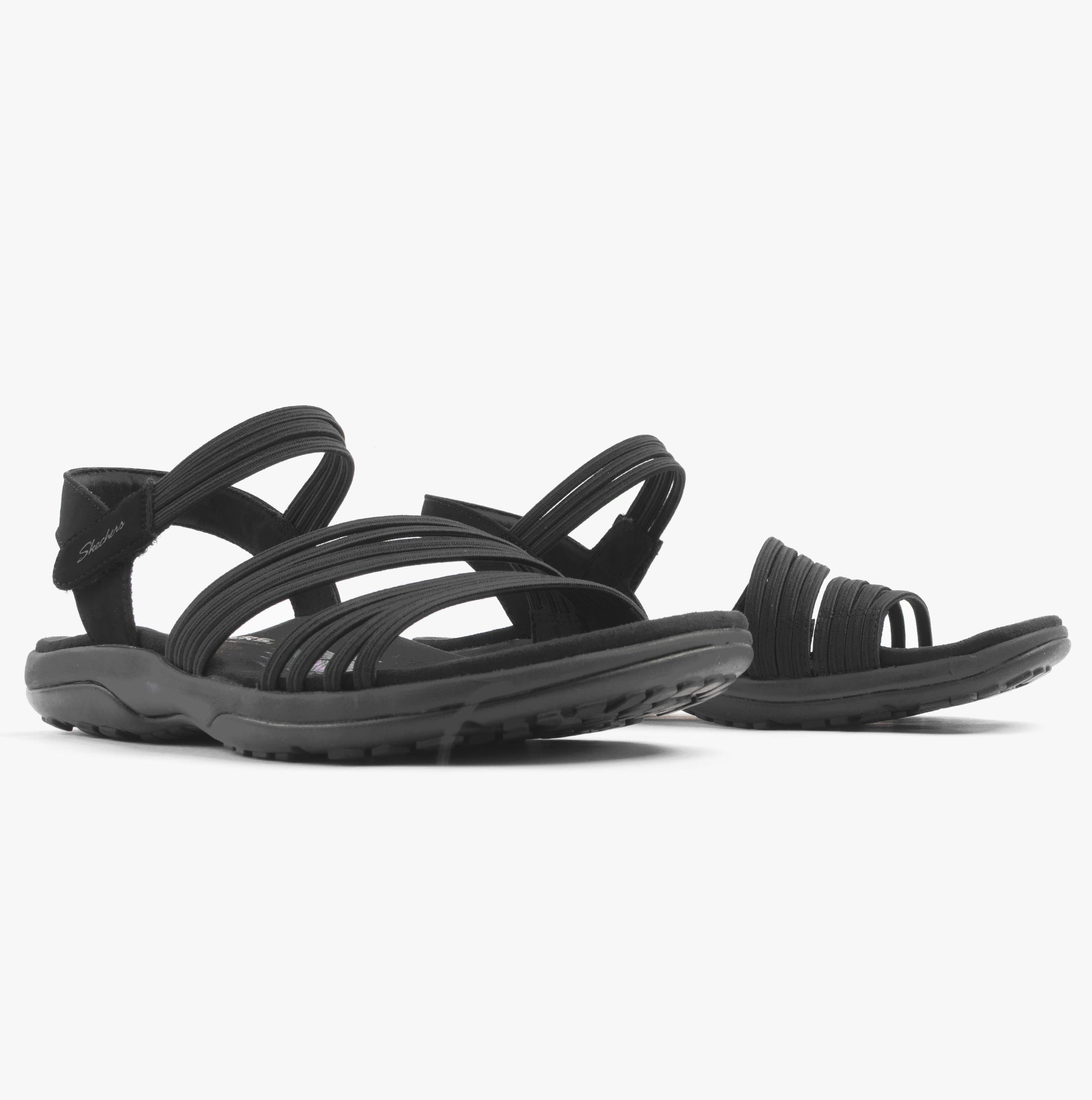 Skechers 163573/BBK REGGAE SLIM - COFFEE RUN Womens Sandals Black side view showing straps and rubber soles.