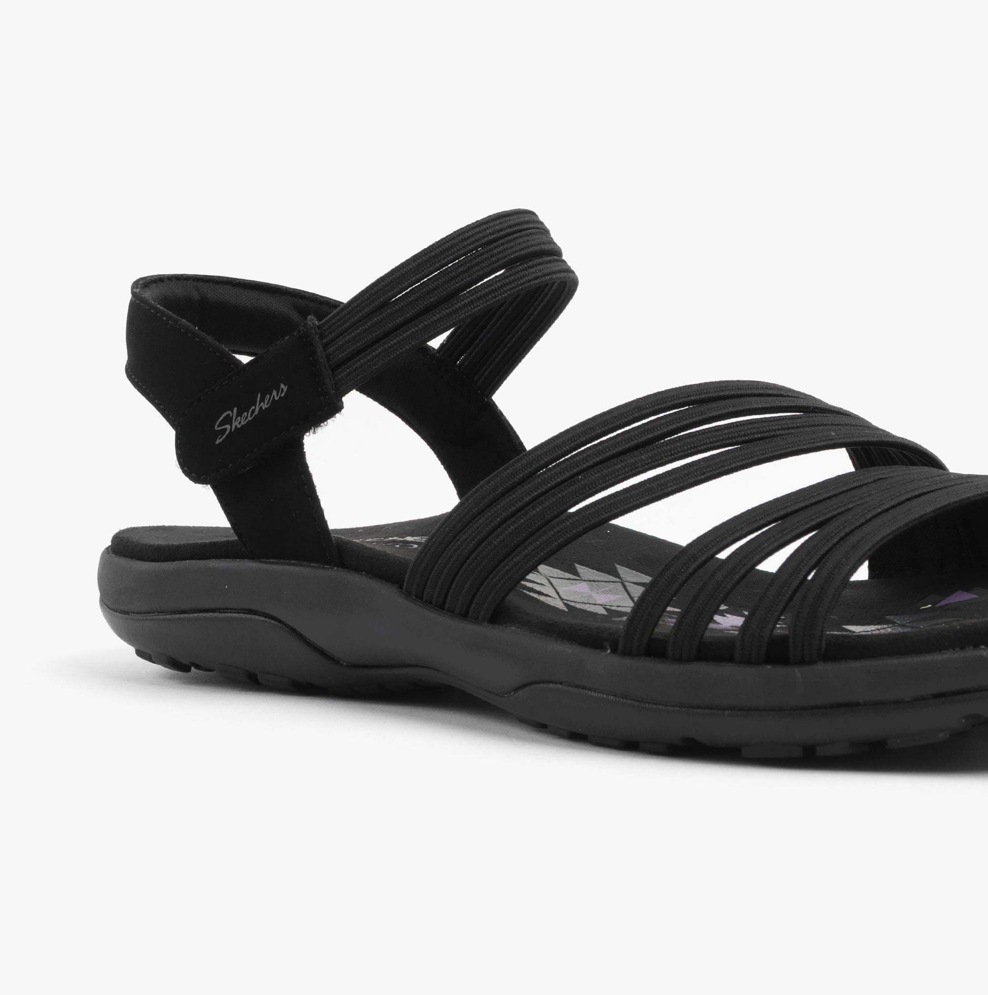 Skechers 163573/BBK REGGAE SLIM - COFFEE RUN Womens Sandals Black side view highlighting strap design and comfort.