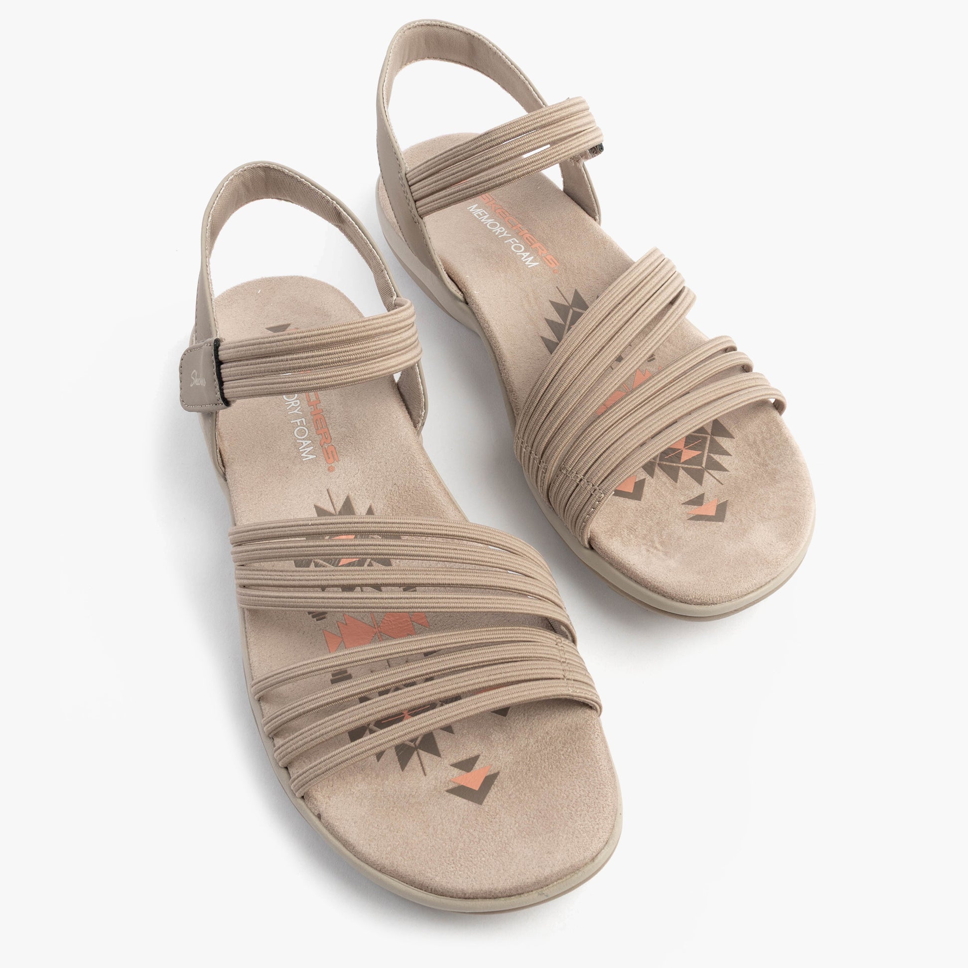 Skechers 163573/TPE REGGAE SLIM - COFFEE RUN Womens Sandals Taupe top view showing straps and footbed details.