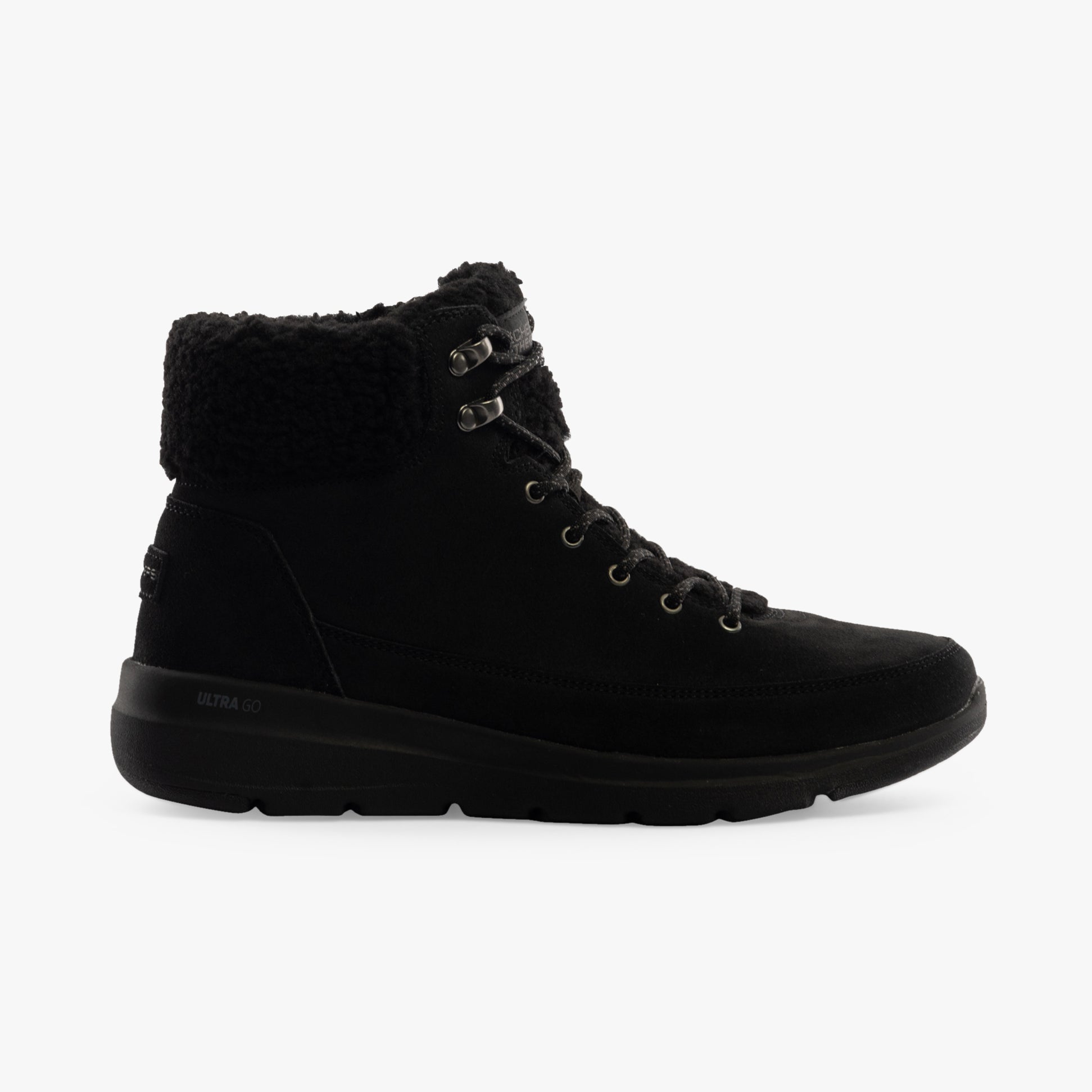 Skechers 16677/BBK GLACIAL ULTRA - WOODLANDS Womens Boots Black side view featuring suede upper and warm lining.